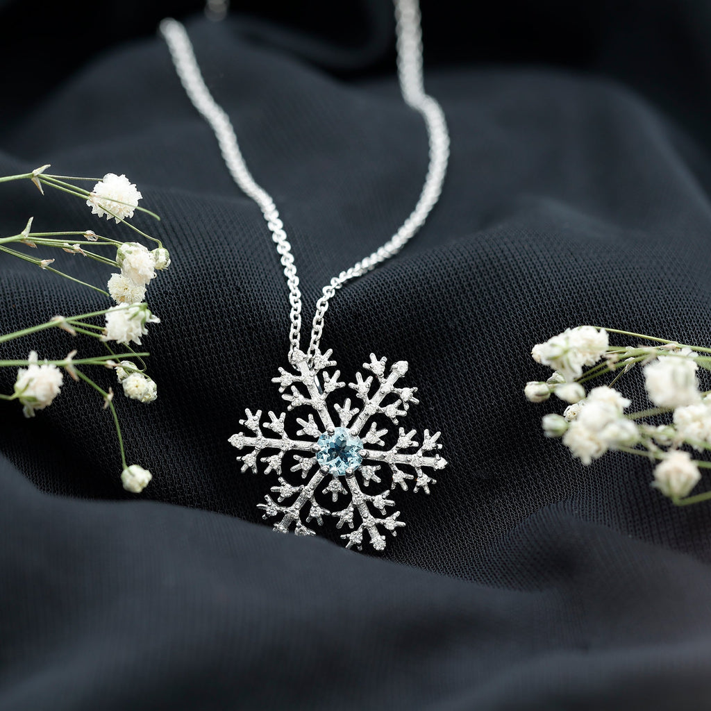 Aquamarine Pendant Necklace – Delicate Snowflake Pendant With Sparkling Diamonds