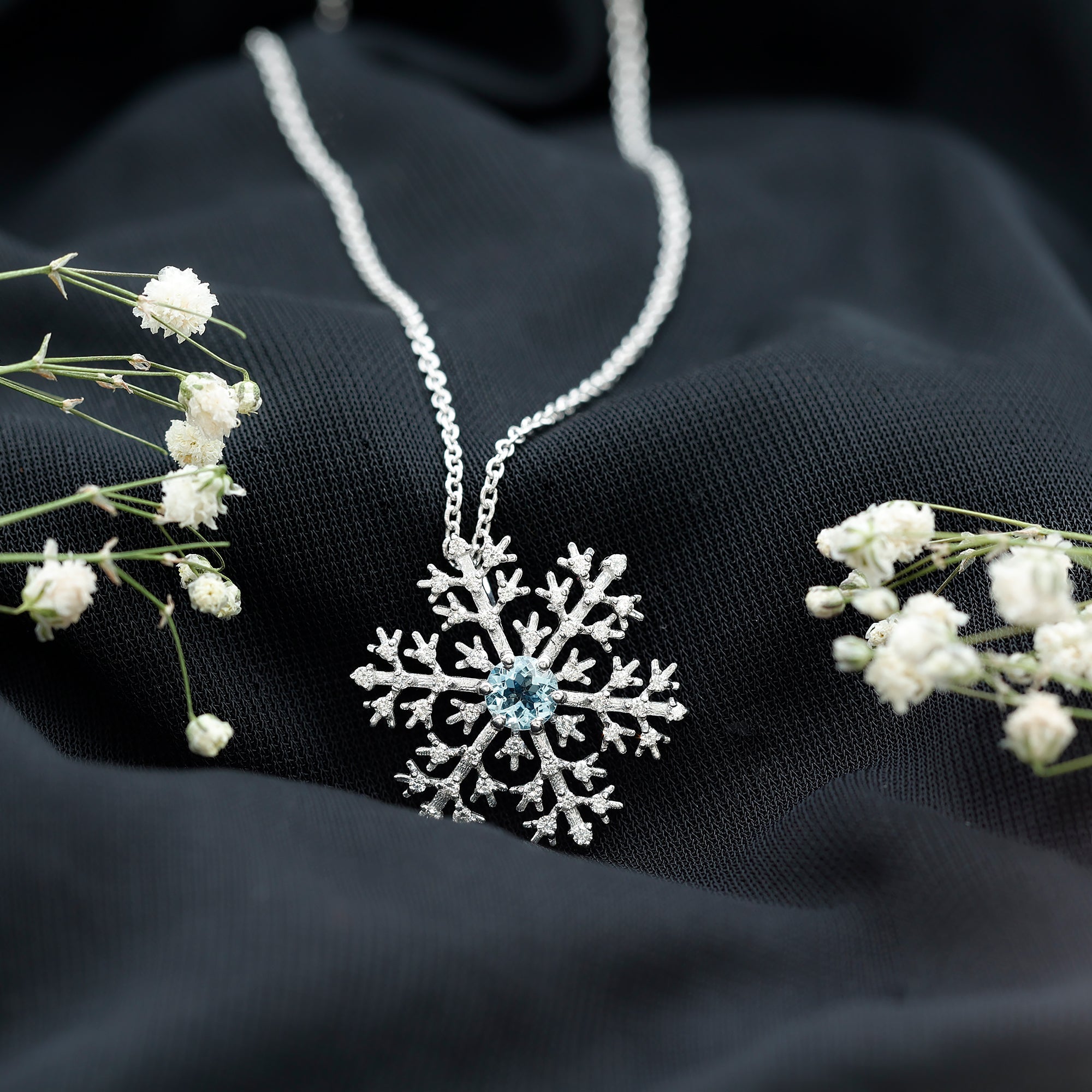 Aquamarine Pendant Necklace – Delicate Snowflake Pendant With Sparkling Diamonds