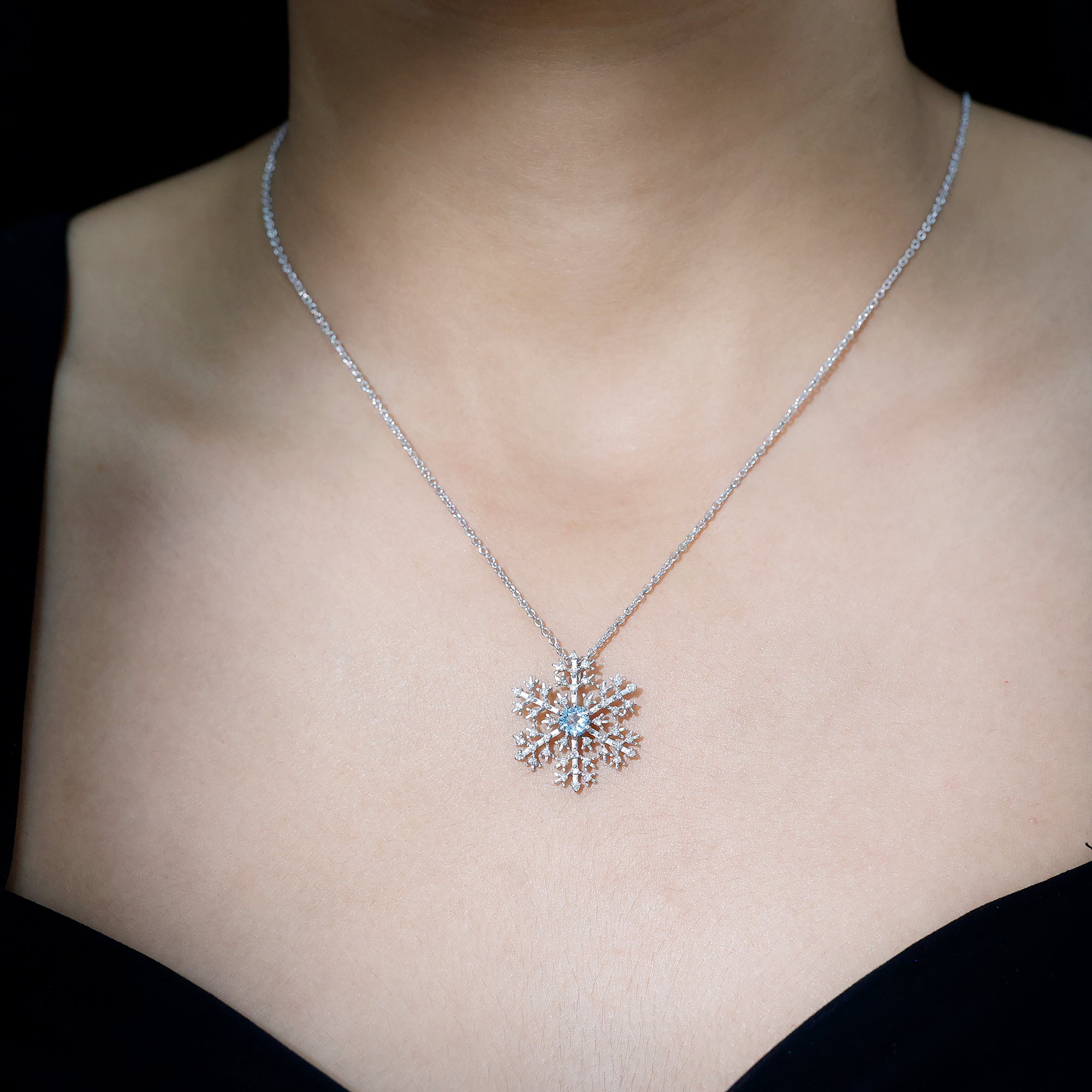 Aquamarine Pendant Necklace – Delicate Snowflake Pendant With Sparkling Diamonds