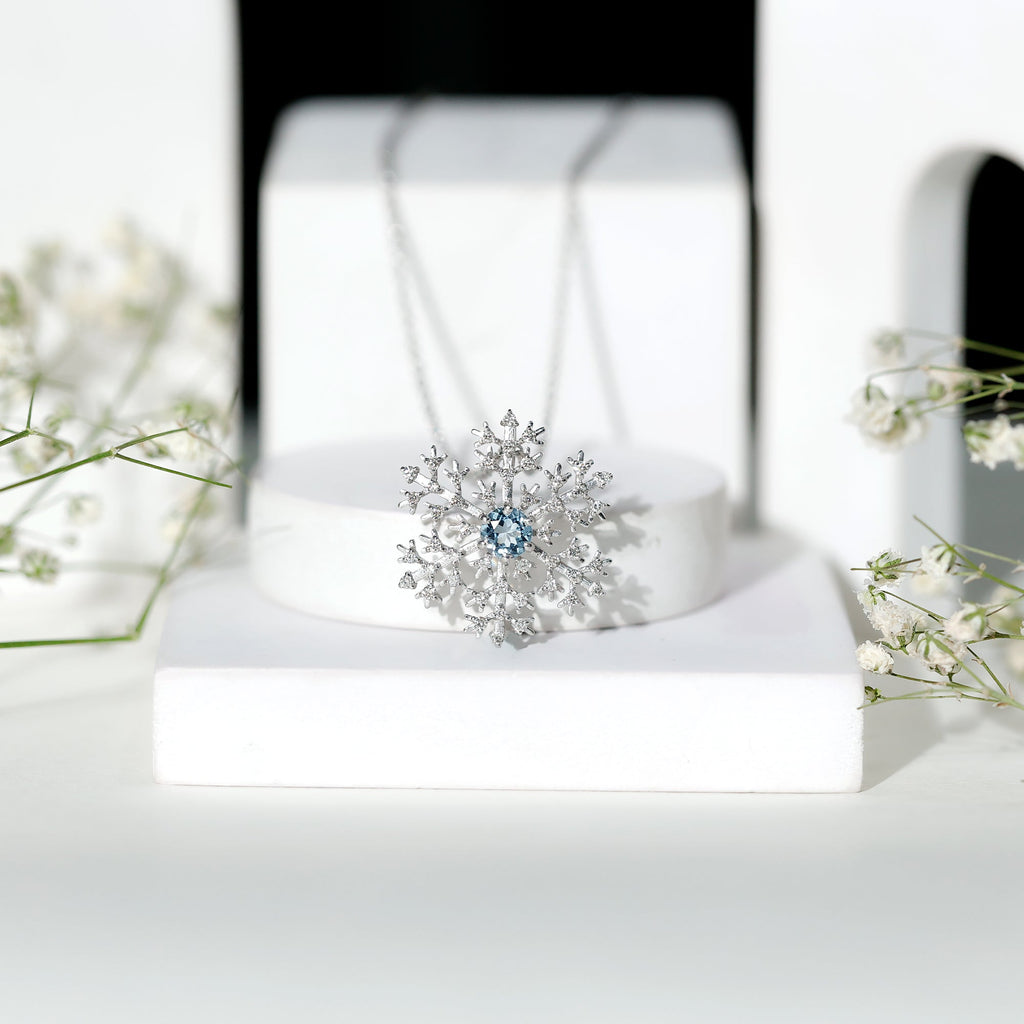 Aquamarine Pendant Necklace – Delicate Snowflake Pendant With Sparkling Diamonds