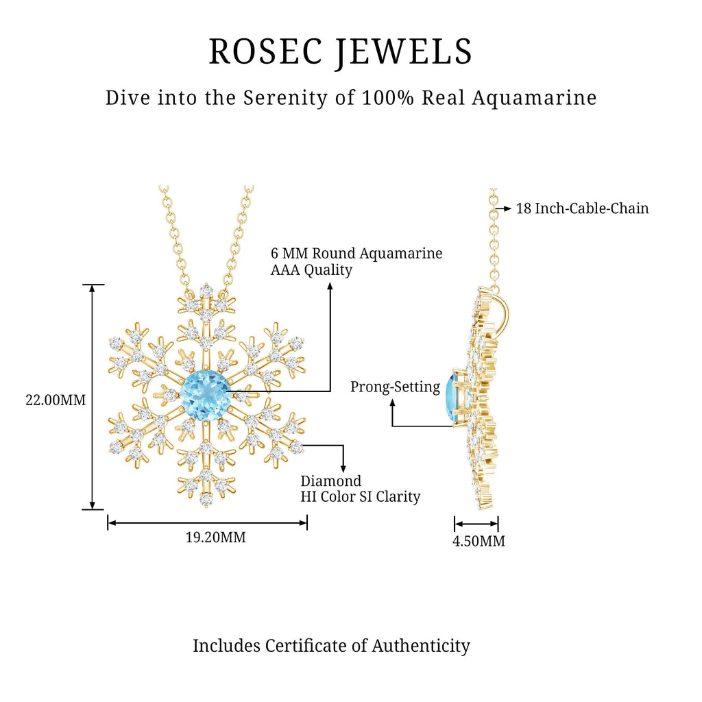 Aquamarine Pendant Necklace – Delicate Snowflake Pendant With Sparkling Diamonds