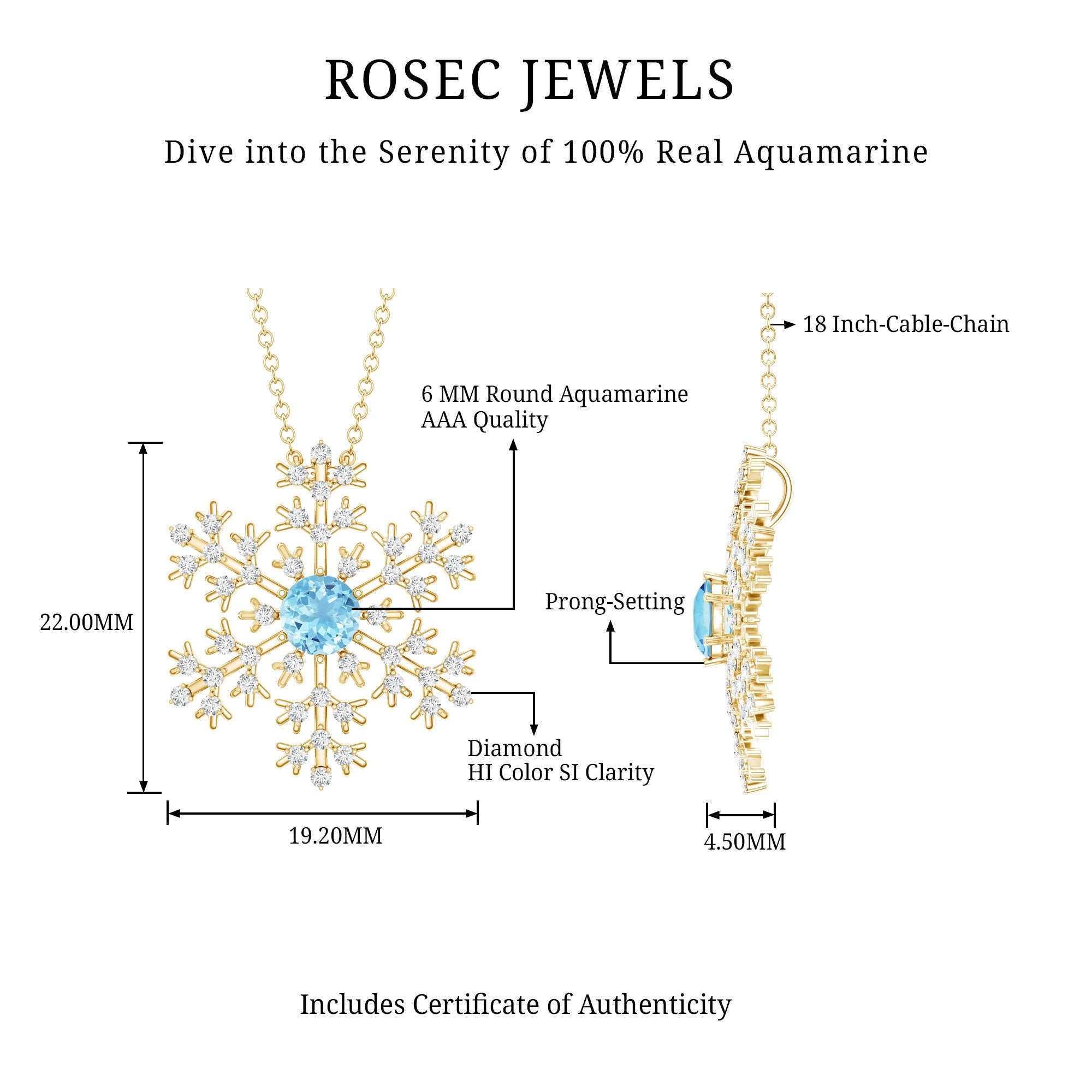 Aquamarine Pendant Necklace – Delicate Snowflake Pendant With Sparkling Diamonds