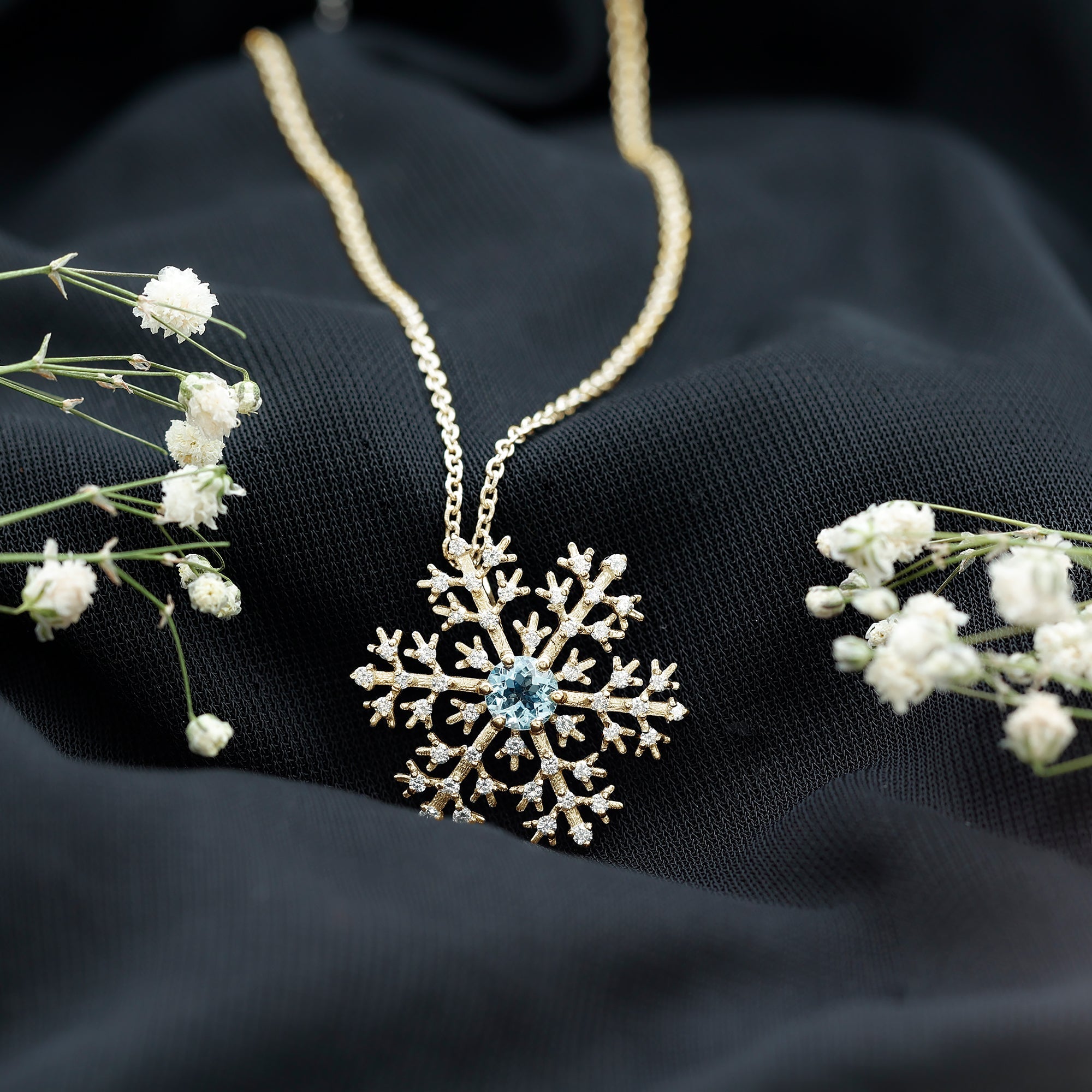 Aquamarine Pendant Necklace – Delicate Snowflake Pendant With Sparkling Diamonds