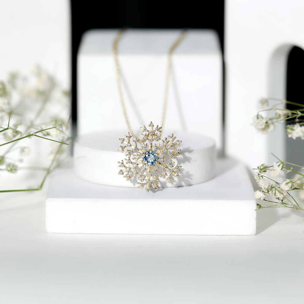 Aquamarine Pendant Necklace – Delicate Snowflake Pendant With Sparkling Diamonds
