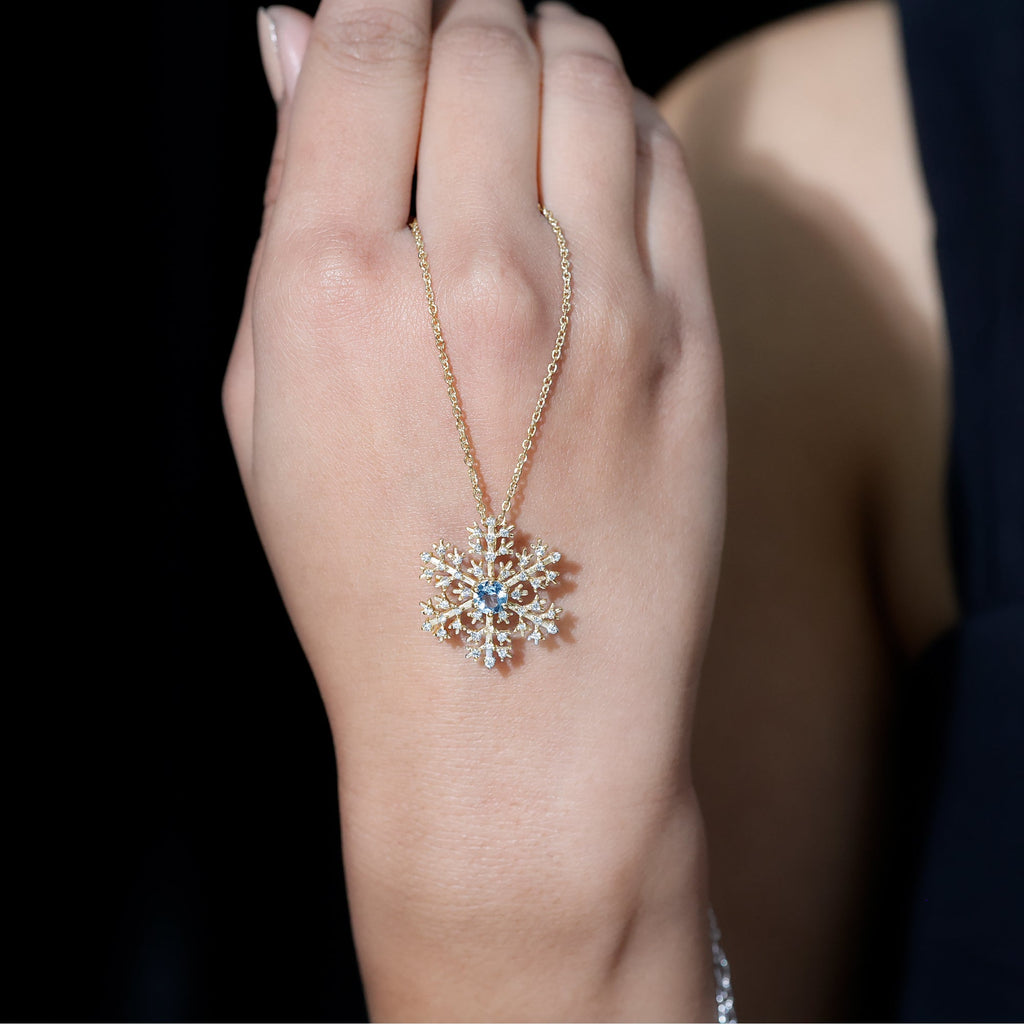 Aquamarine Pendant Necklace – Delicate Snowflake Pendant With Sparkling Diamonds