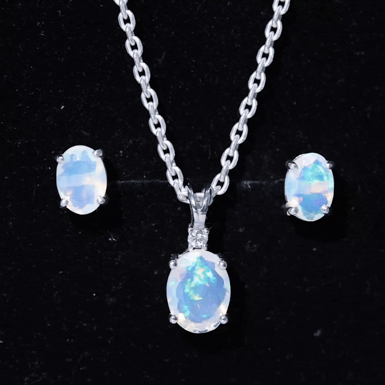 Ethiopian Opal Necklace – Oval Opal Pendant & Solitaire Earrings Set with Diamond Accent