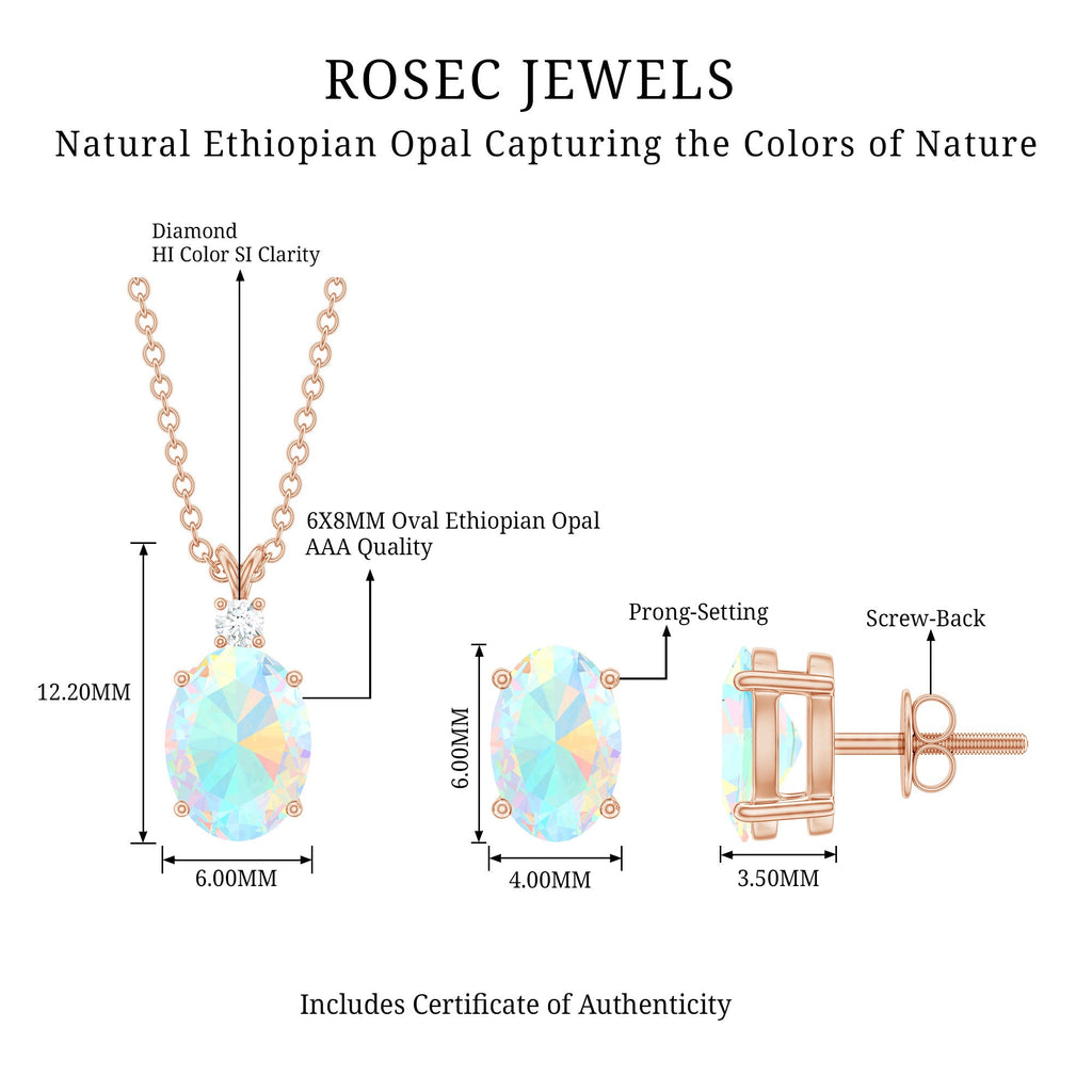 Ethiopian Opal Necklace – Oval Opal Pendant & Solitaire Earrings Set with Diamond Accent