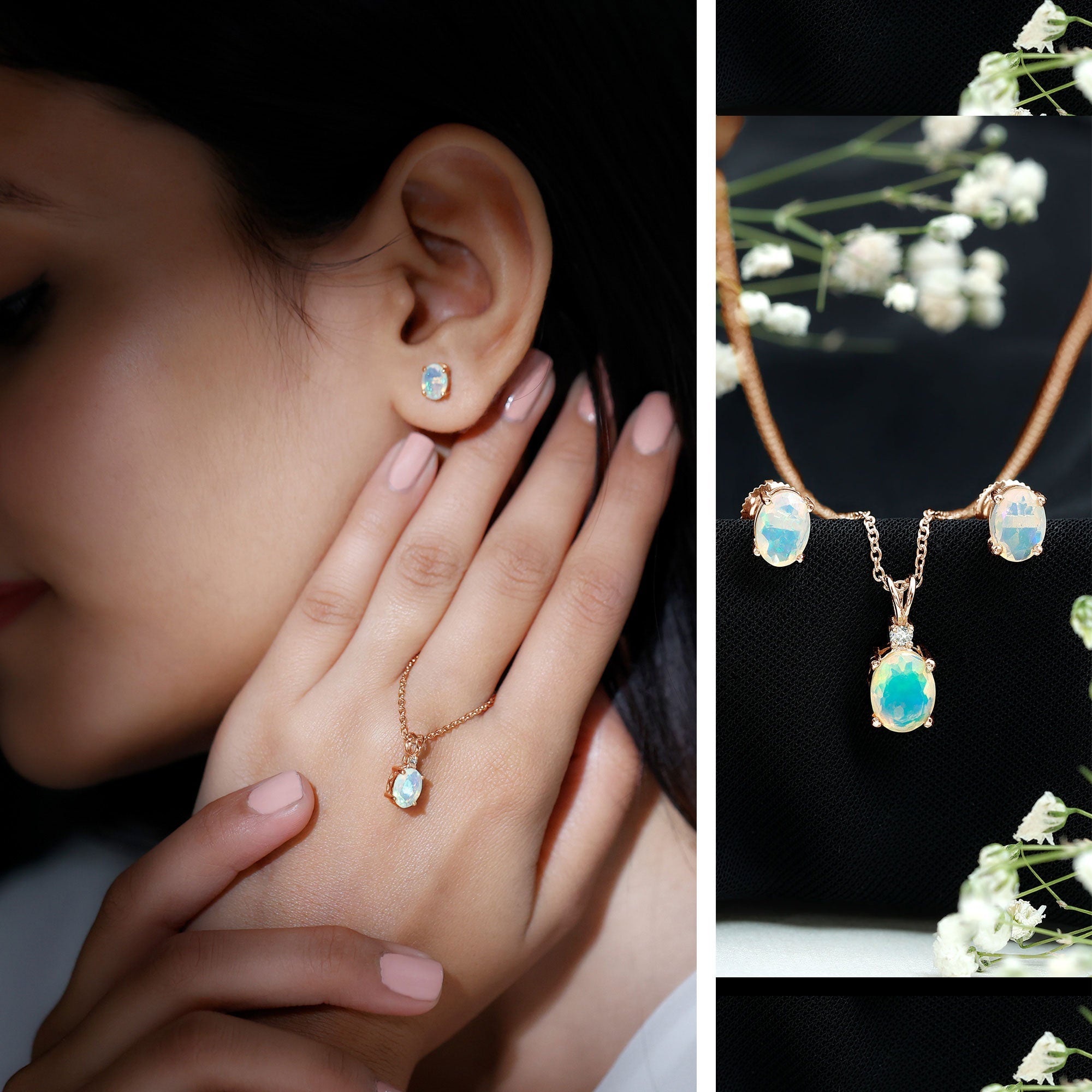 Ethiopian Opal Necklace – Oval Opal Pendant & Solitaire Earrings Set with Diamond Accent