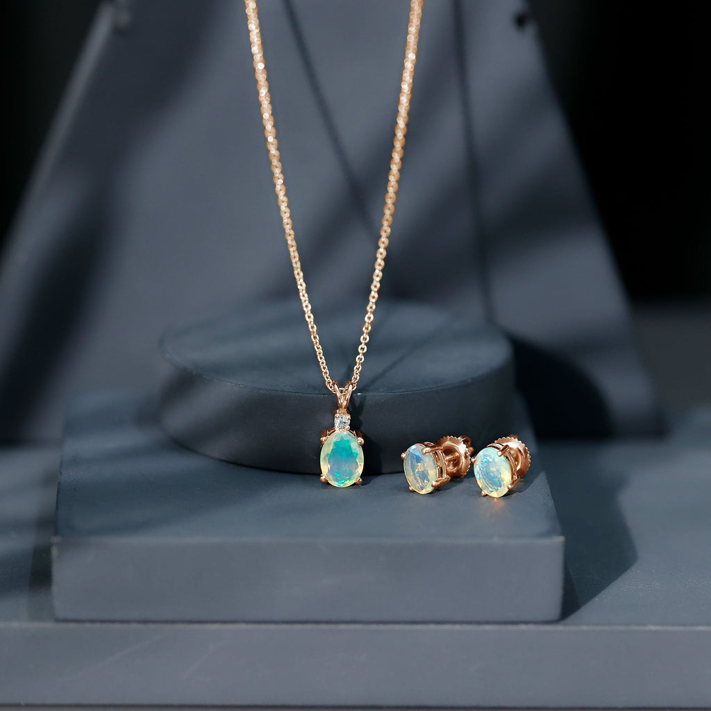 Ethiopian Opal Necklace – Oval Opal Pendant & Solitaire Earrings Set with Diamond Accent