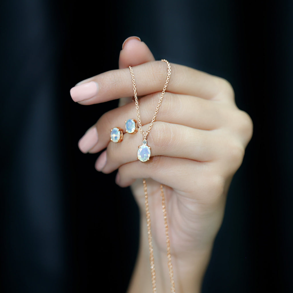 Ethiopian Opal Necklace – Oval Opal Pendant & Solitaire Earrings Set with Diamond Accent
