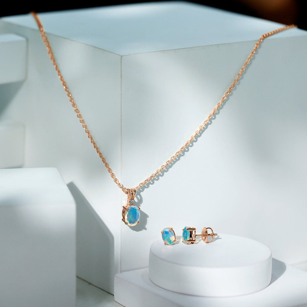 Ethiopian Opal Necklace – Oval Opal Pendant & Solitaire Earrings Set with Diamond Accent