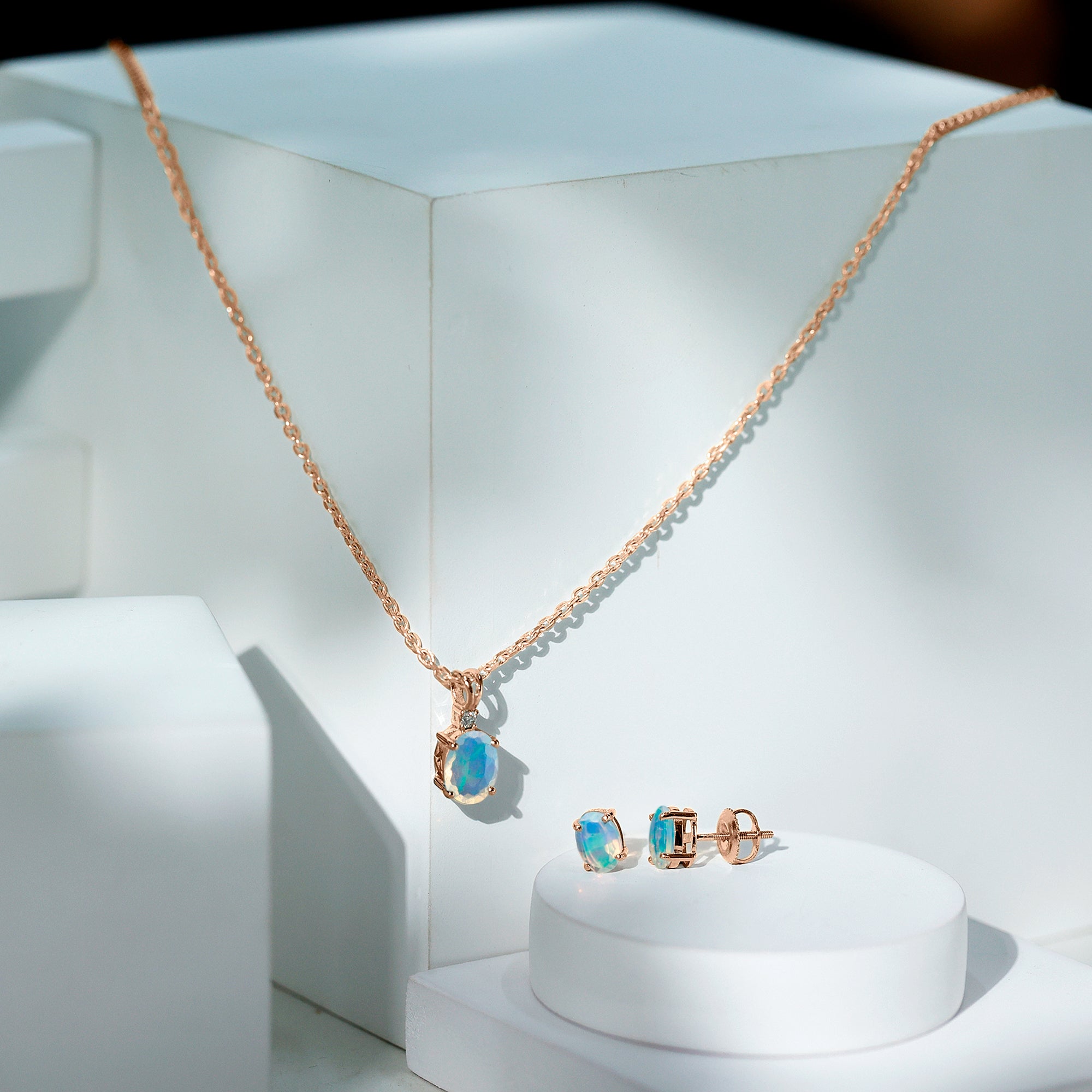 Ethiopian Opal Necklace – Oval Opal Pendant & Solitaire Earrings Set with Diamond Accent