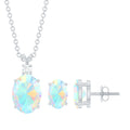 Ethiopian Opal Necklace – Oval Opal Pendant & Solitaire Earrings Set with Diamond Accent