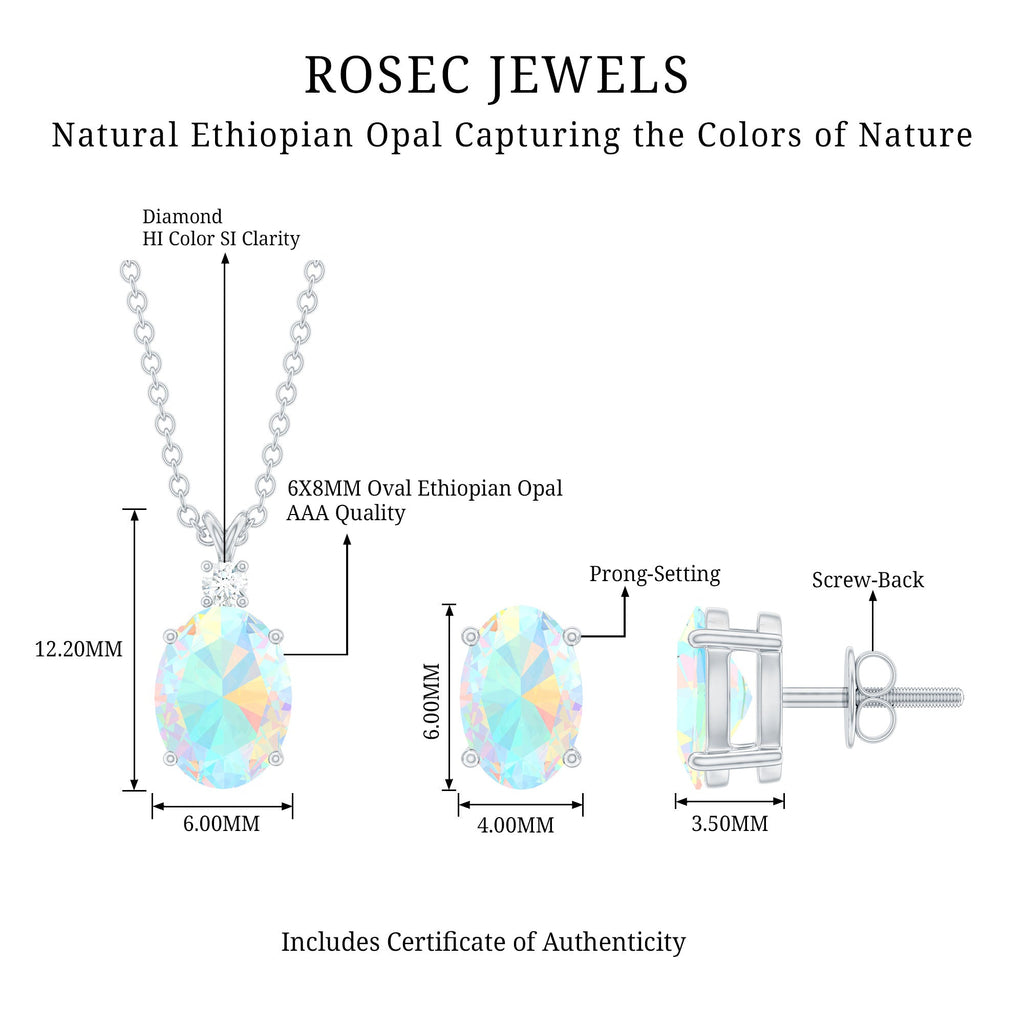 Ethiopian Opal Necklace – Oval Opal Pendant & Solitaire Earrings Set with Diamond Accent