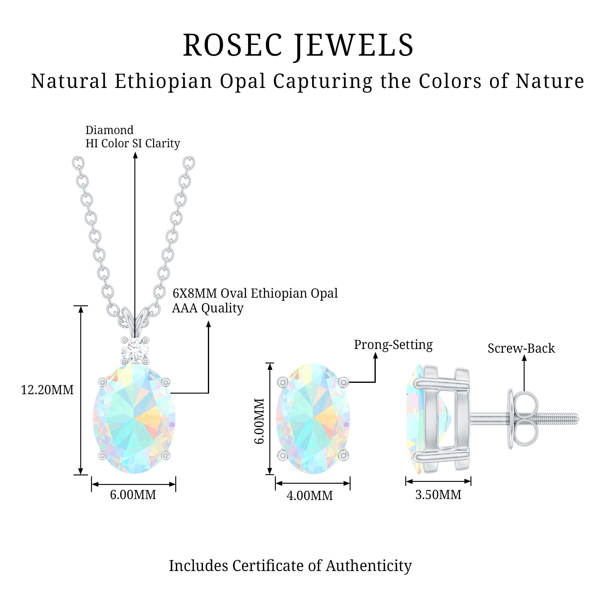 Ethiopian Opal Necklace – Oval Opal Pendant & Solitaire Earrings Set with Diamond Accent