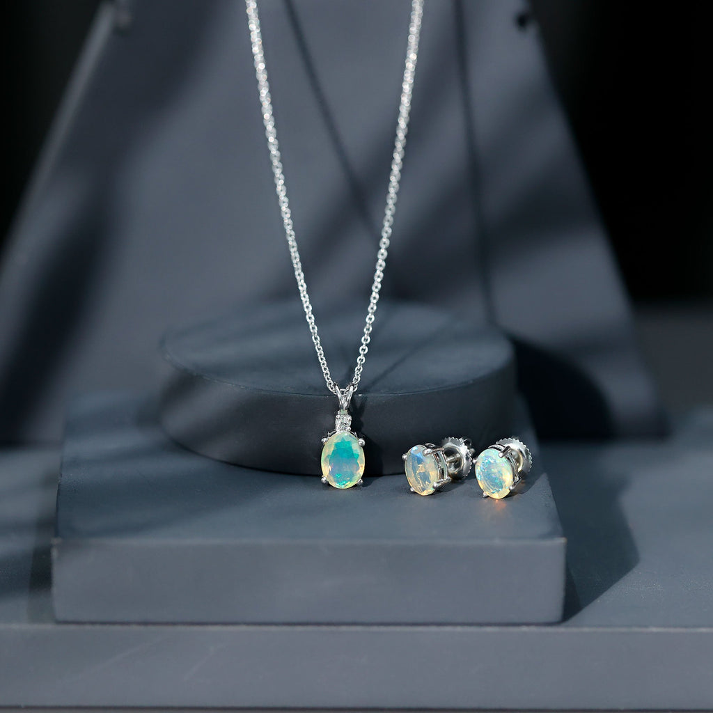 Ethiopian Opal Necklace – Oval Opal Pendant & Solitaire Earrings Set with Diamond Accent