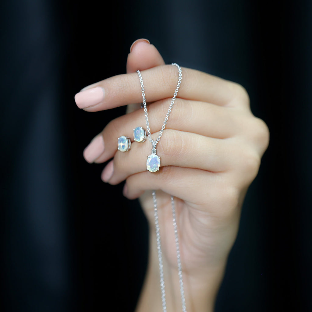 Ethiopian Opal Necklace – Oval Opal Pendant & Solitaire Earrings Set with Diamond Accent