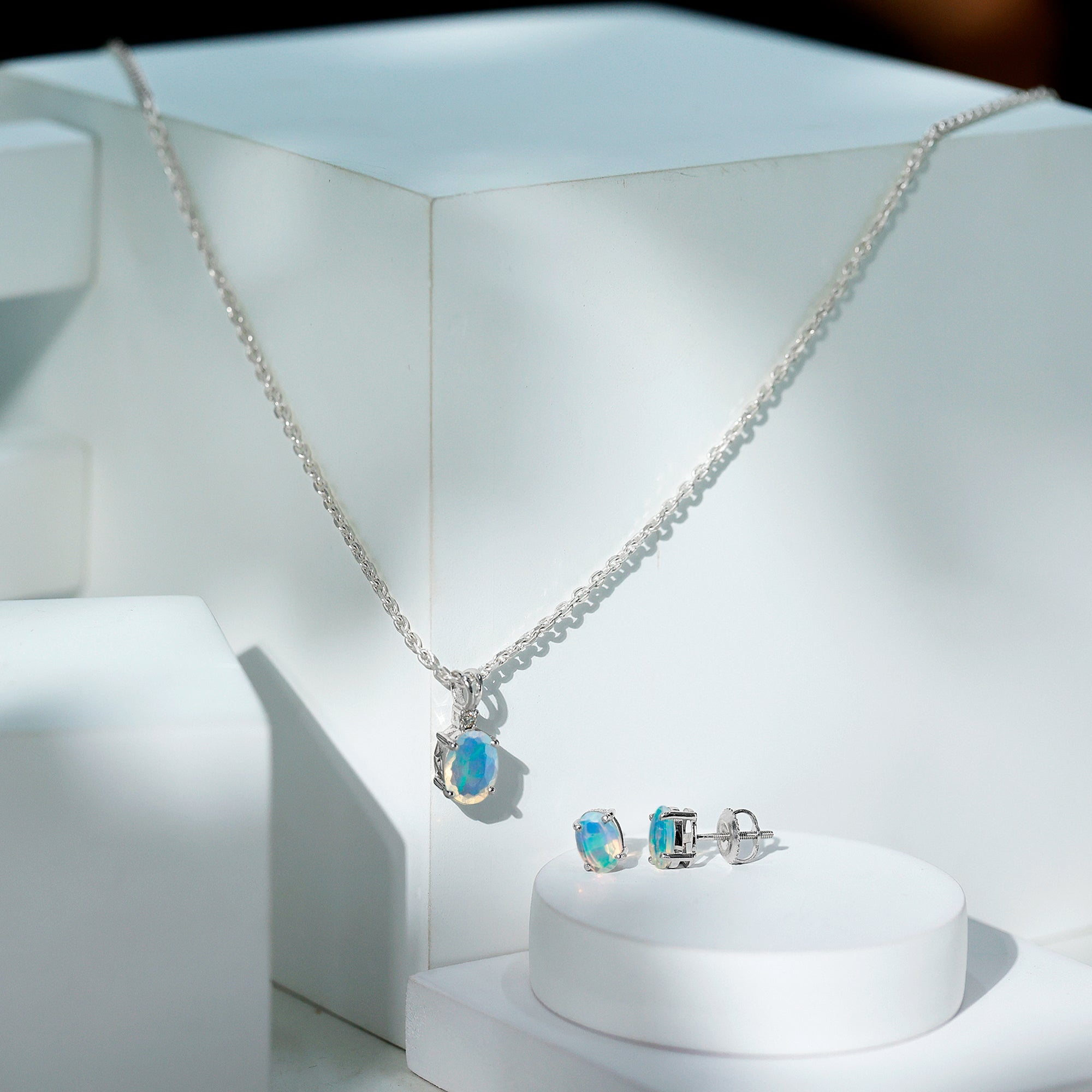 Ethiopian Opal Necklace – Oval Opal Pendant & Solitaire Earrings Set with Diamond Accent