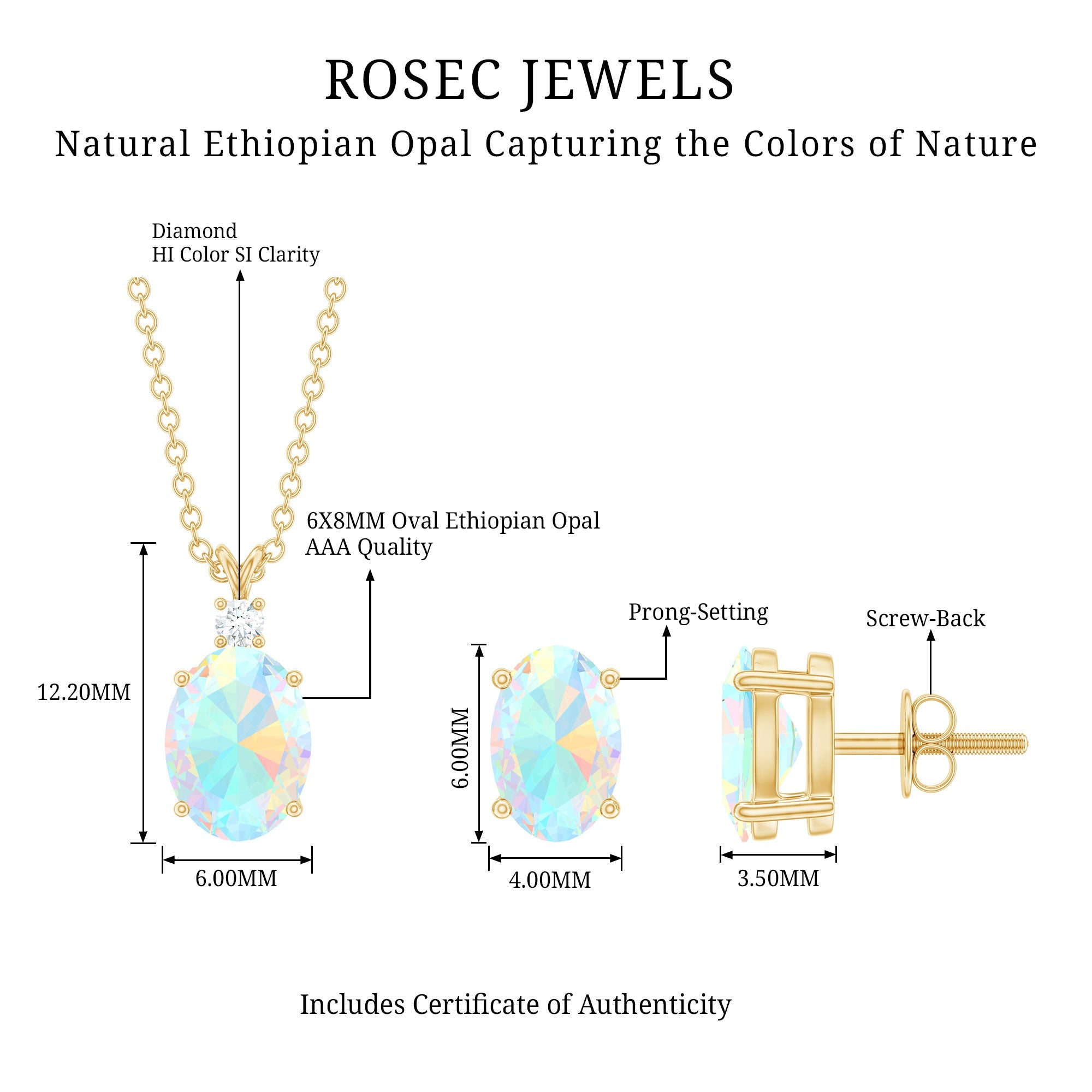 Ethiopian Opal Necklace – Oval Opal Pendant & Solitaire Earrings Set with Diamond Accent