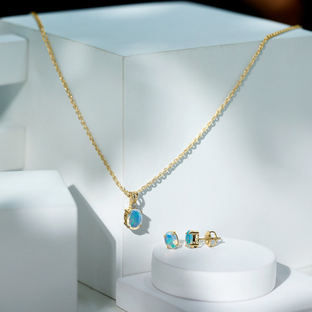Ethiopian Opal Necklace – Oval Opal Pendant & Solitaire Earrings Set with Diamond Accent