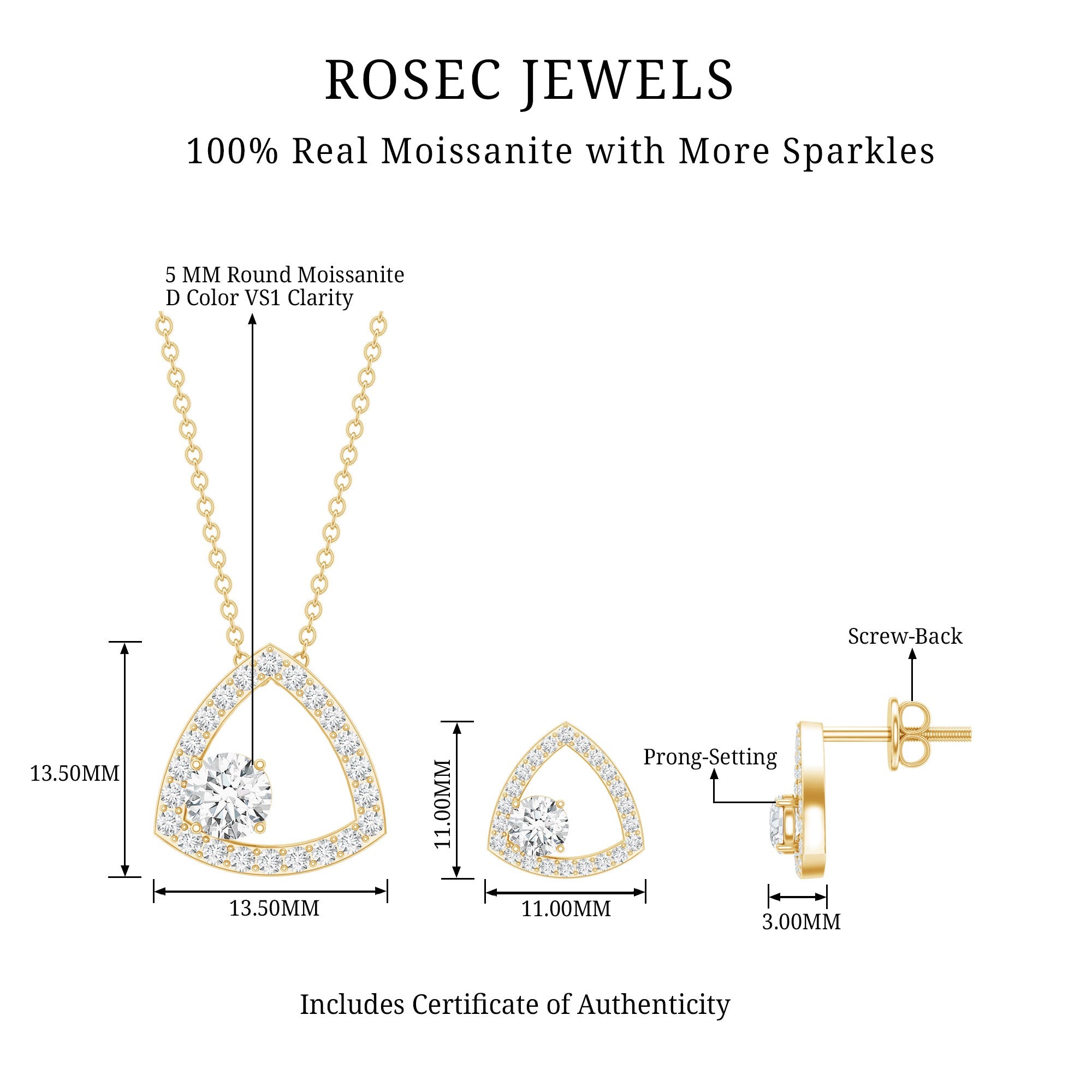 Simple Moissanite Triangle Necklace and Earrings Set