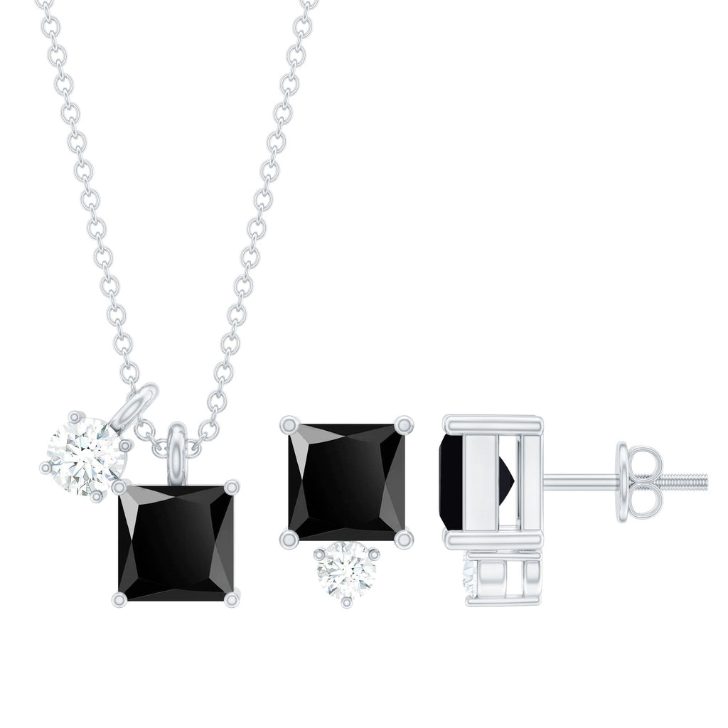 Natural Princess Cut Black Onyx Pendant and Earrings Set with Diamond