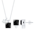 Natural Princess Cut Black Onyx Pendant and Earrings Set with Diamond