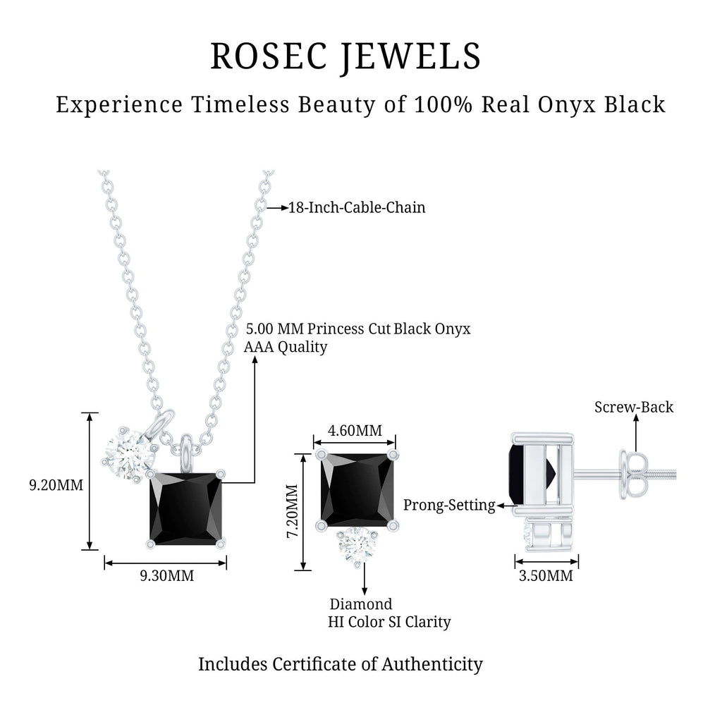 Natural Princess Cut Black Onyx Pendant and Earrings Set with Diamond
