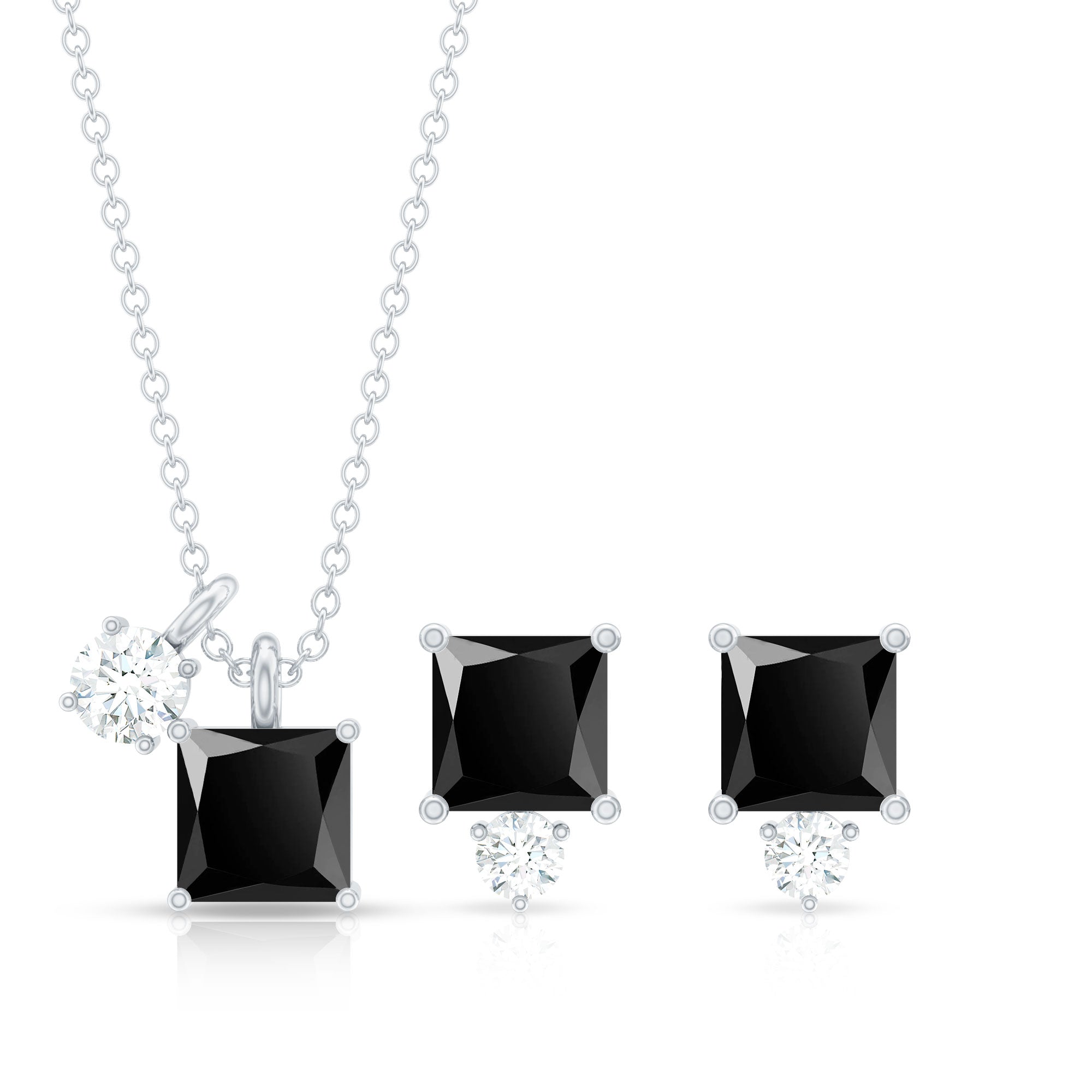 Natural Princess Cut Black Onyx Pendant and Earrings Set with Diamond