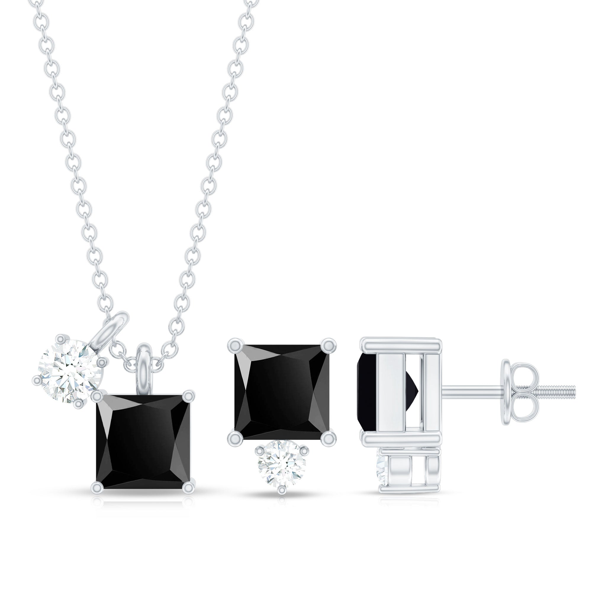 Natural Princess Cut Black Onyx Pendant and Earrings Set with Diamond