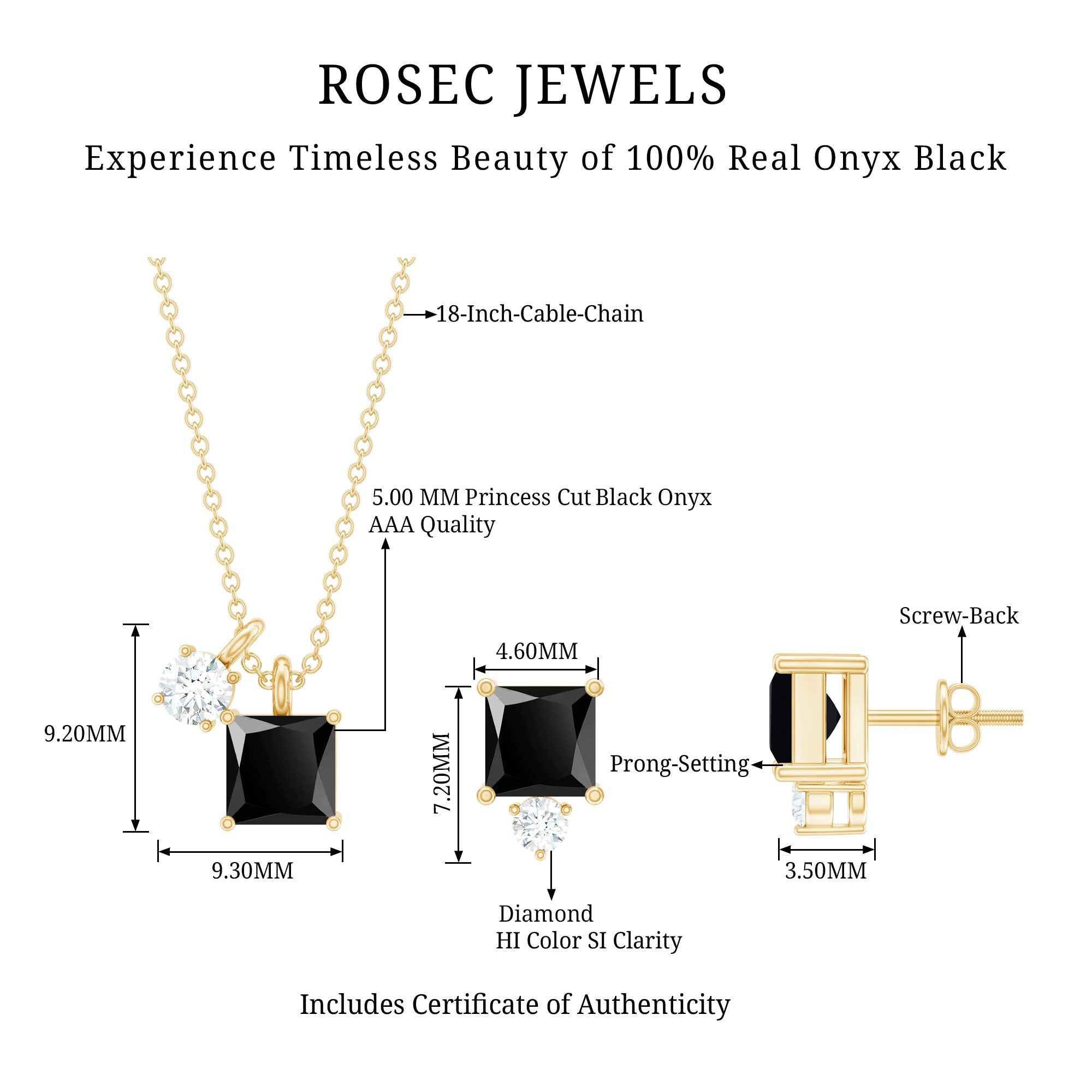 Natural Princess Cut Black Onyx Pendant and Earrings Set with Diamond
