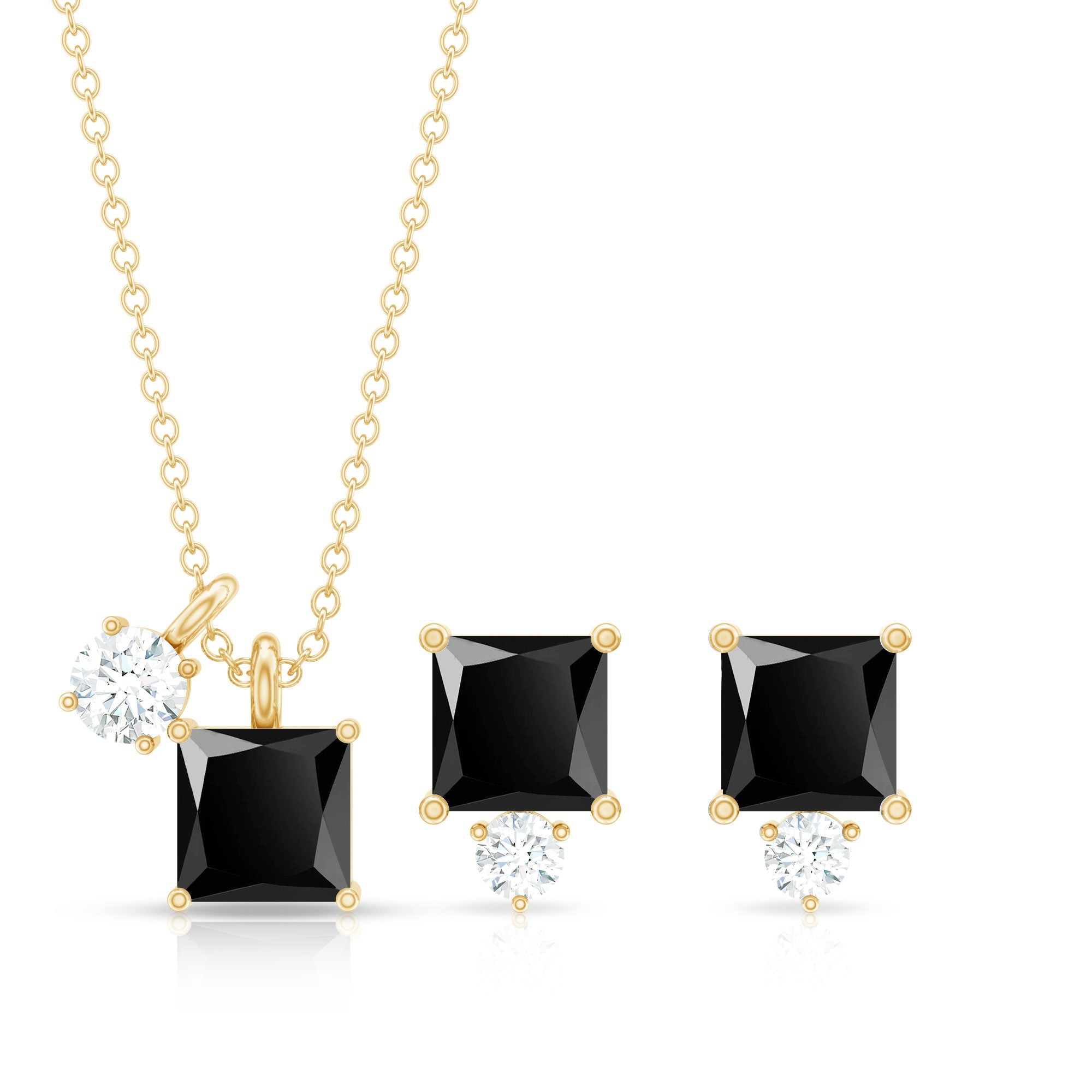 Natural Princess Cut Black Onyx Pendant and Earrings Set with Diamond