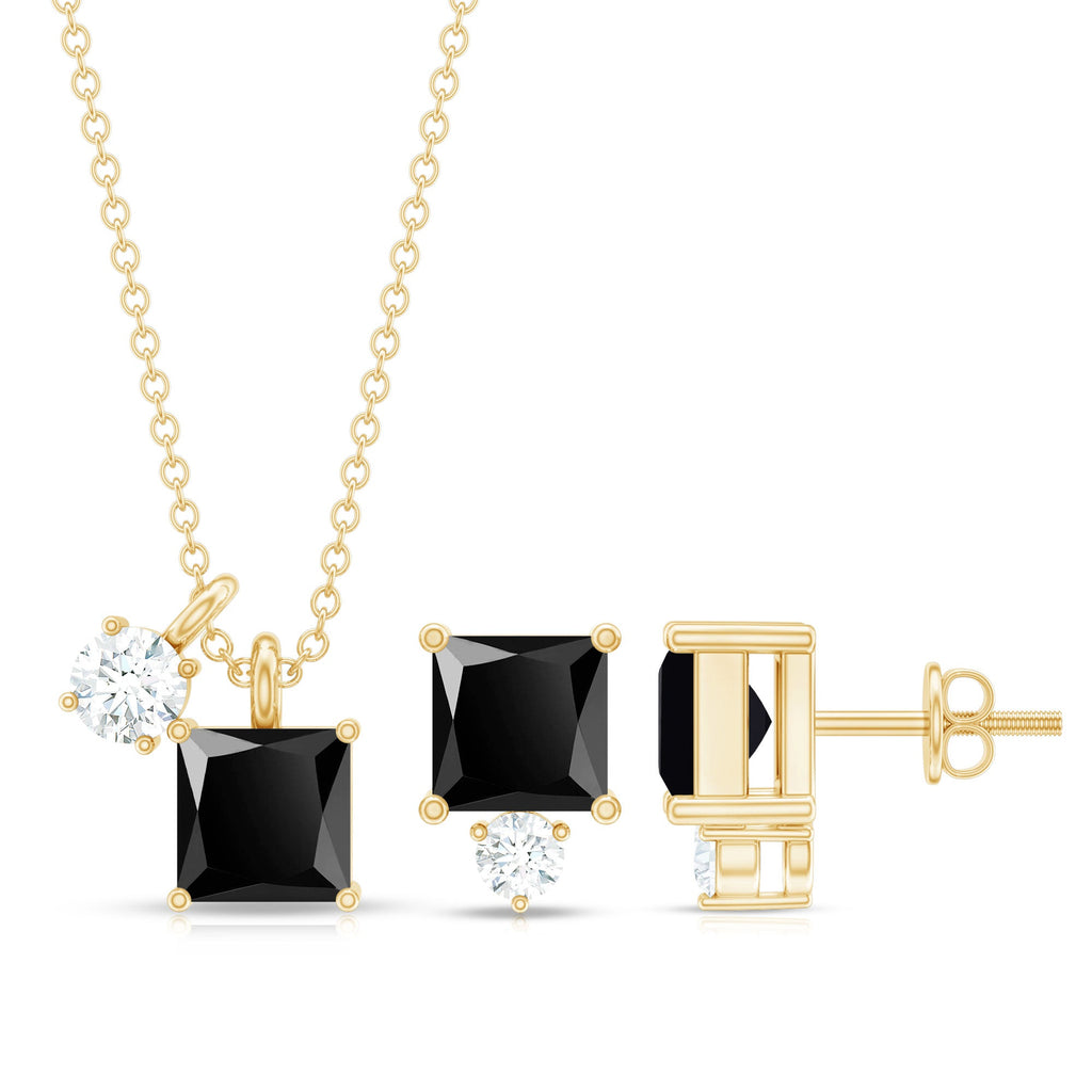 Natural Princess Cut Black Onyx Pendant and Earrings Set with Diamond