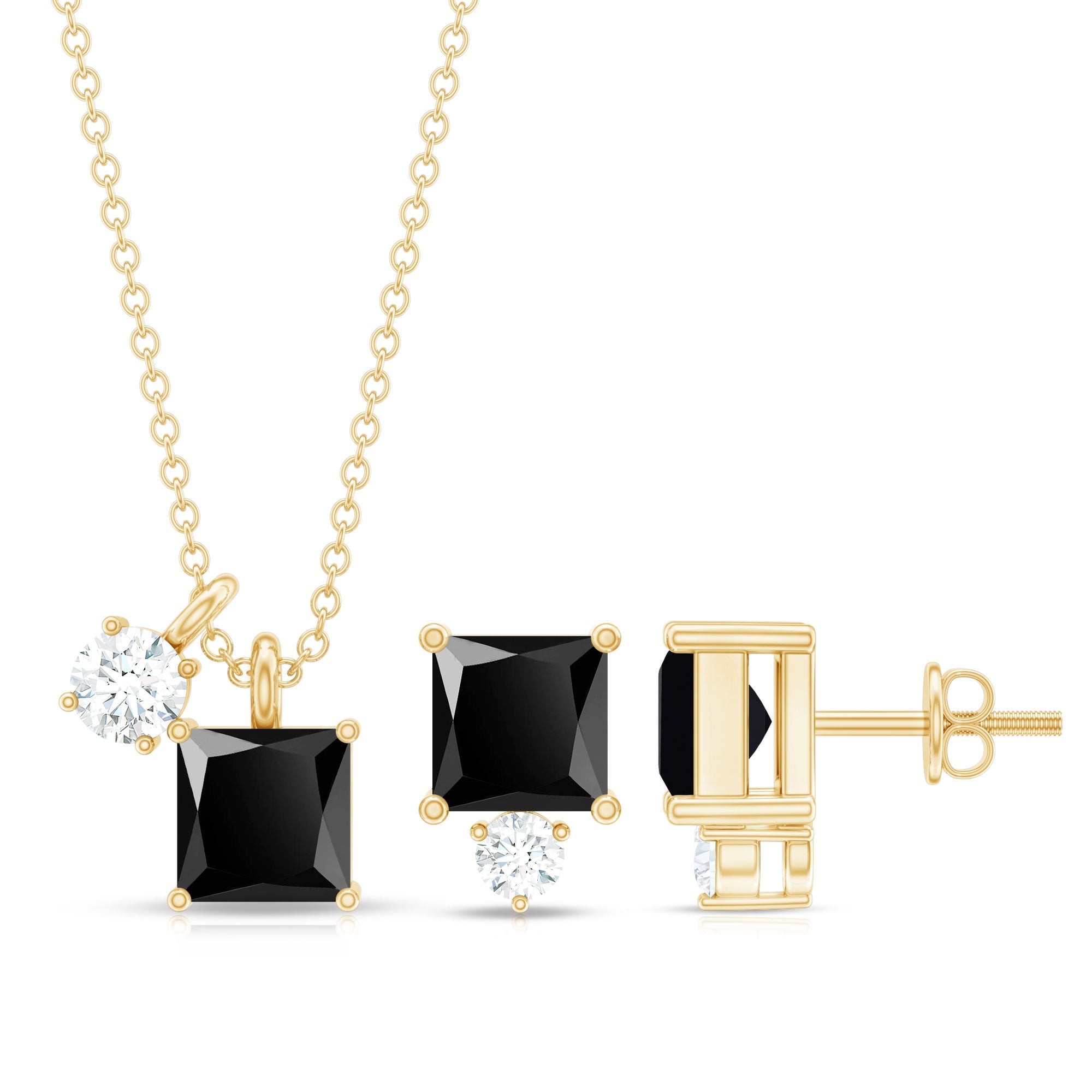 Natural Princess Cut Black Onyx Pendant and Earrings Set with Diamond
