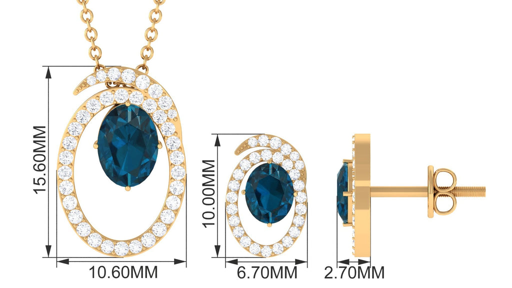 Genuine 1 Carat Oval London Blue Topaz and Diamond Necklace and Earrings Set