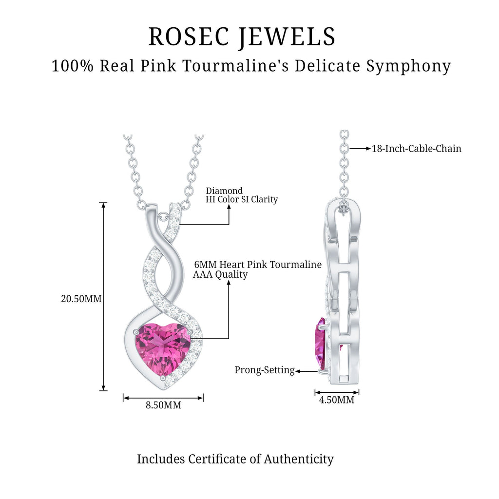 Dimension diagram of 0.9 Carat Heart Shape Pink Tourmaline and Diamond Infinity Pendant