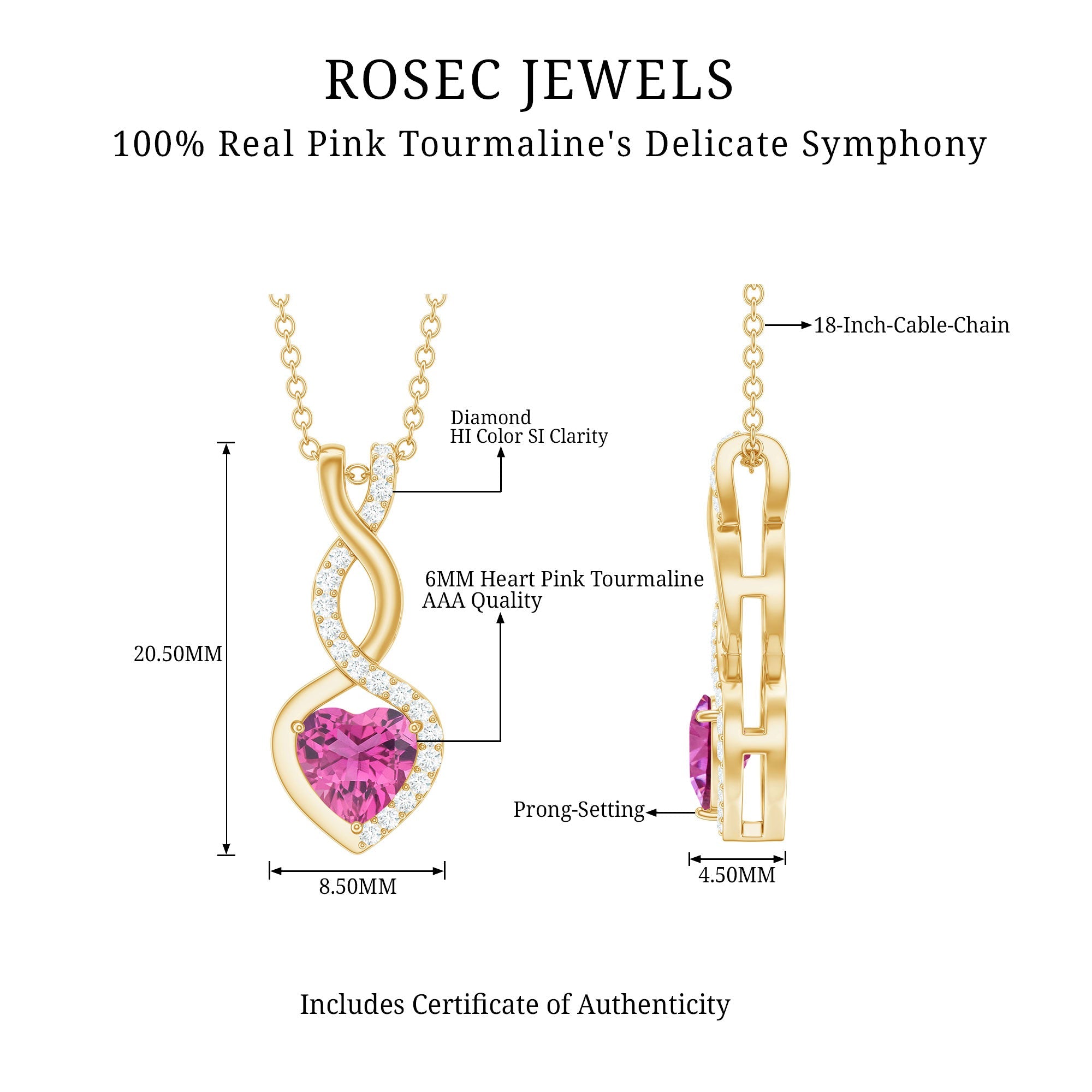 Pink Tourmaline Necklace – Heart Pendant With Diamond Infinity Symbol Jewelry