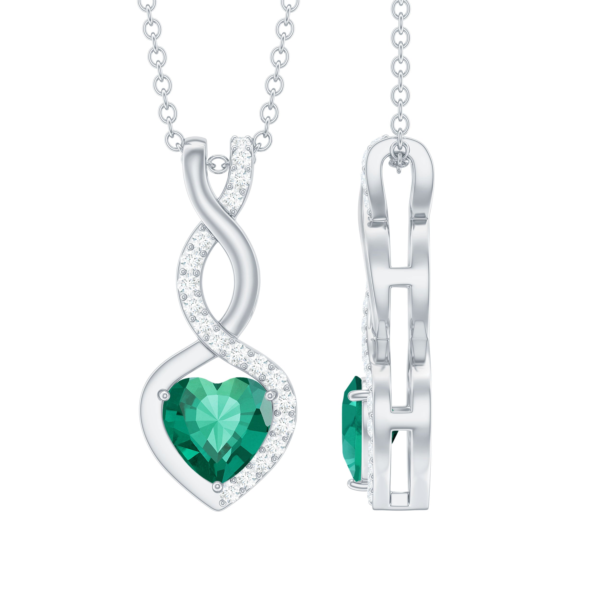 Lab Grown Emerald Necklace – Infinity Heart Pendant with Diamond Accent | AAAA Quality
