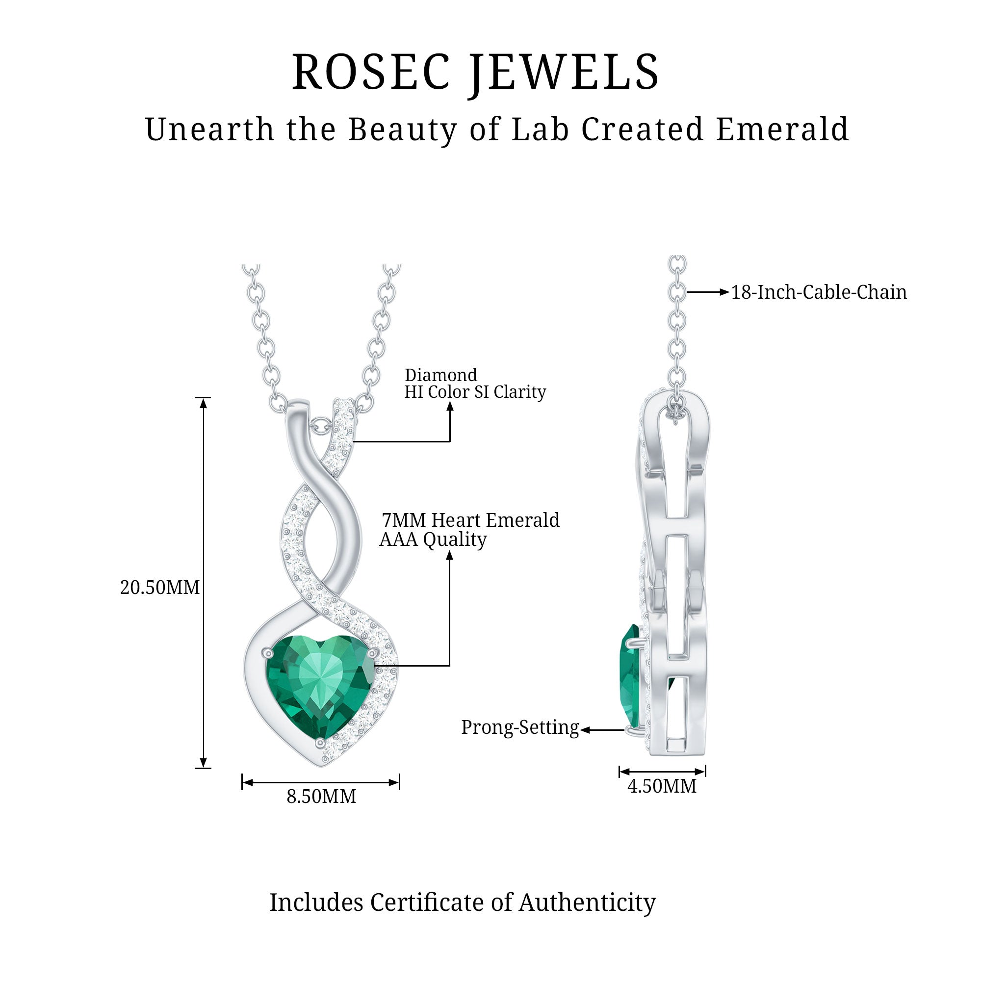 Lab Grown Emerald Necklace – Infinity Heart Pendant with Diamond Accent | AAAA Quality