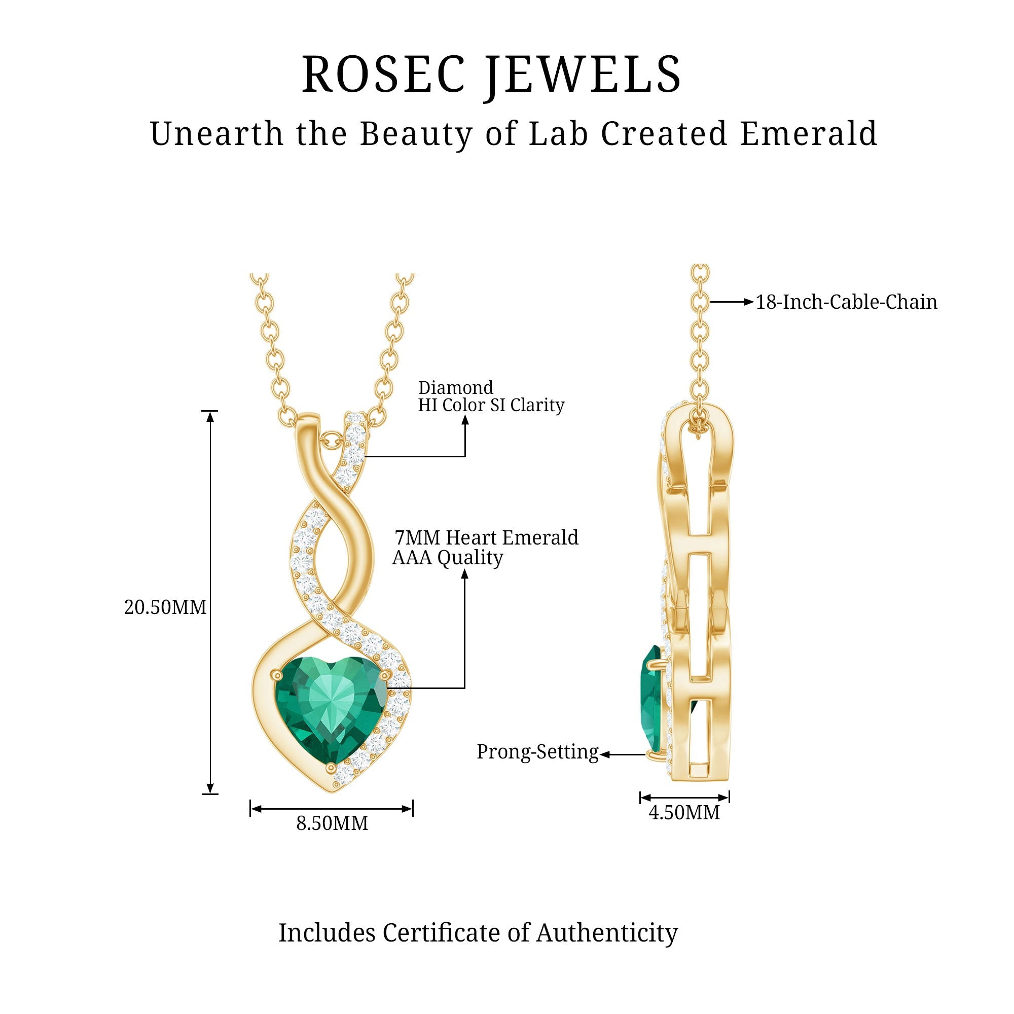 Lab Grown Emerald Necklace – Infinity Heart Pendant with Diamond Accent | AAAA Quality