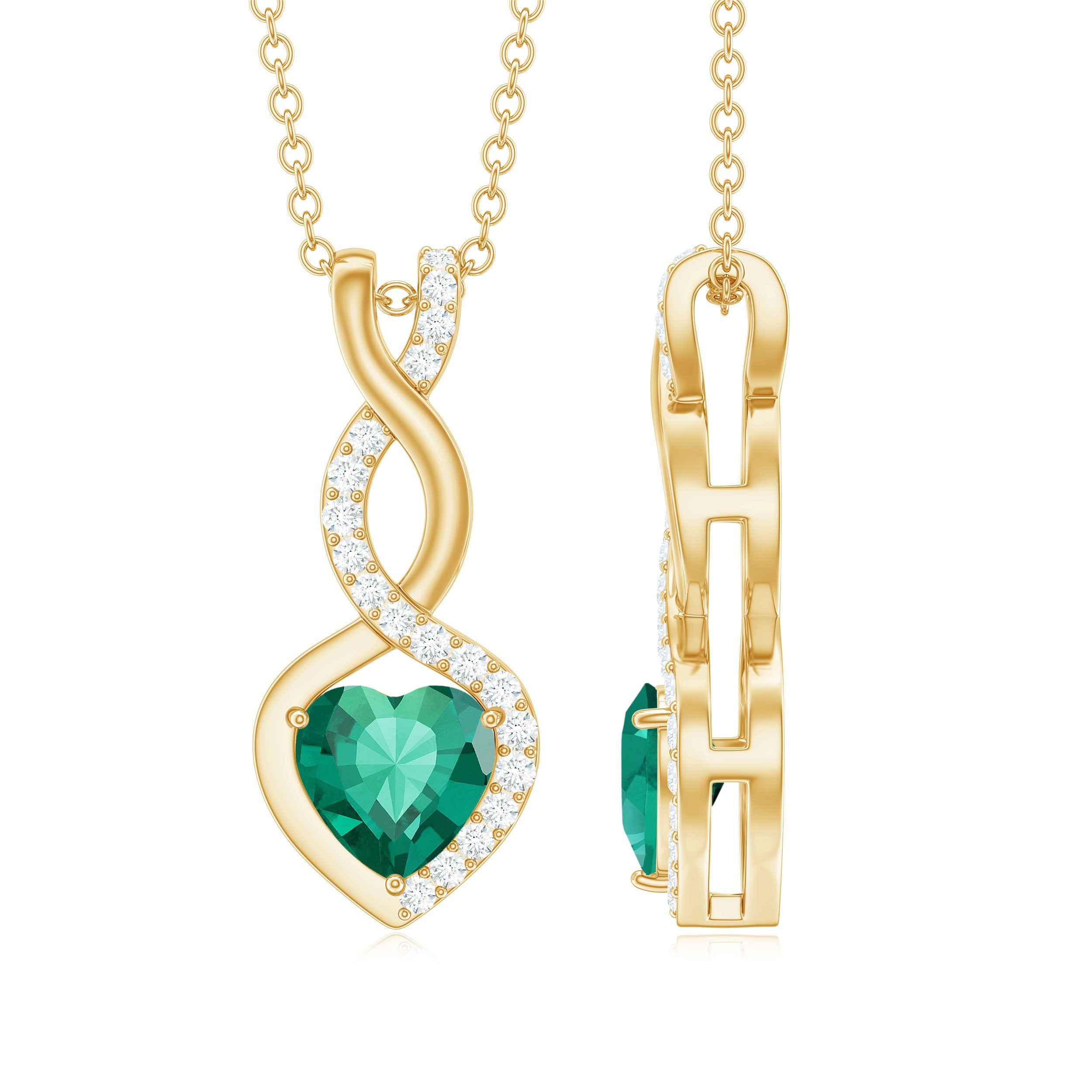 Lab Grown Emerald Necklace – Infinity Heart Pendant with Diamond Accent | AAAA Quality