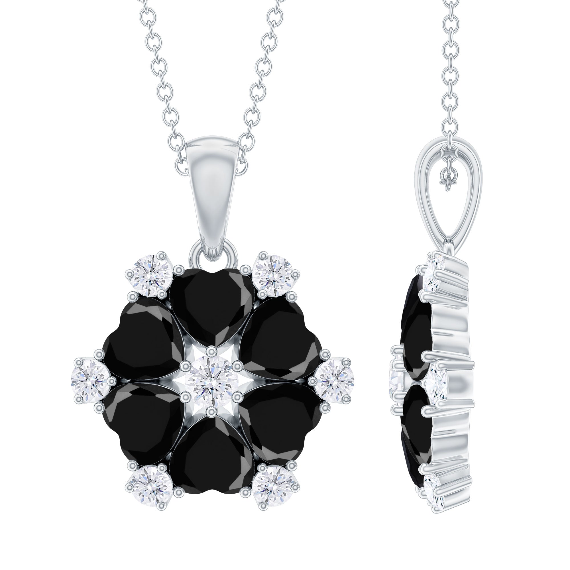 Heart Shaped Black Onyx Flower Pendant with Moissanite