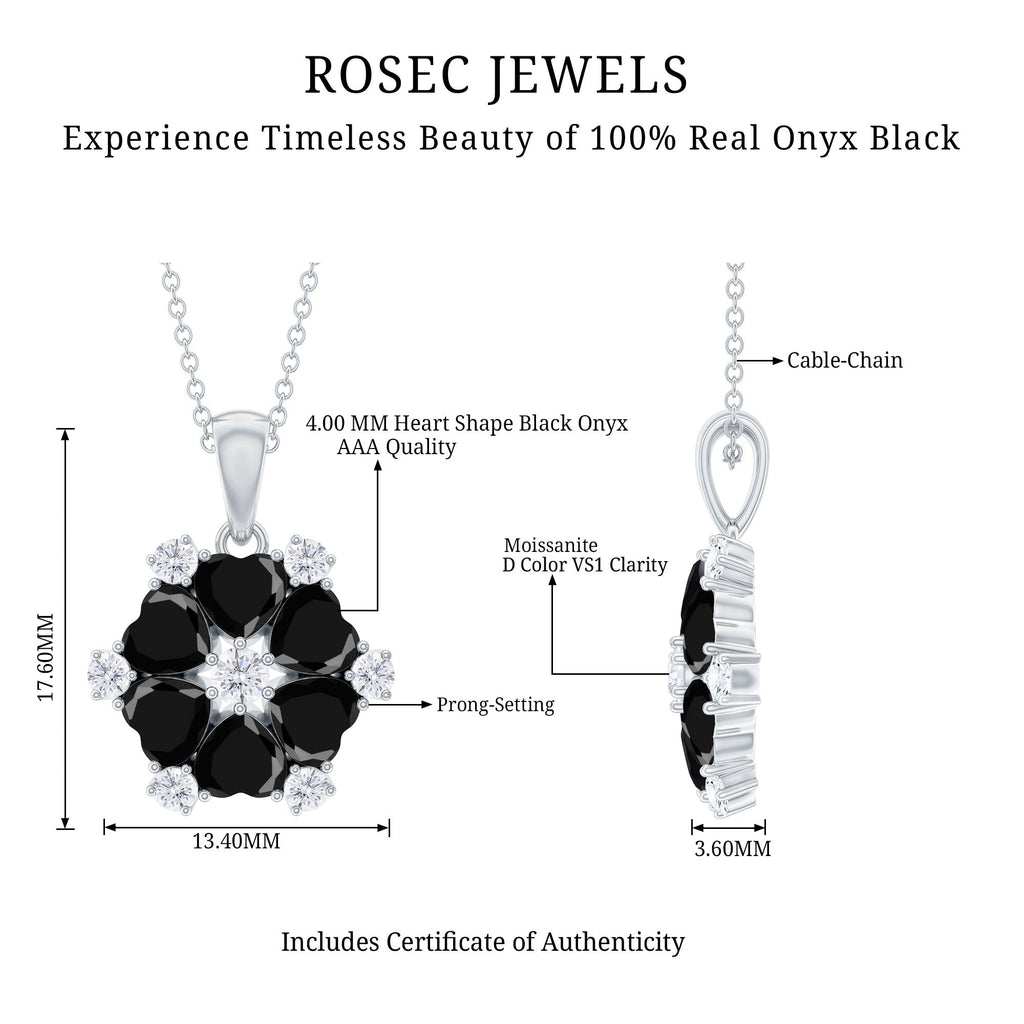 Heart Shaped Black Onyx Flower Pendant with Moissanite