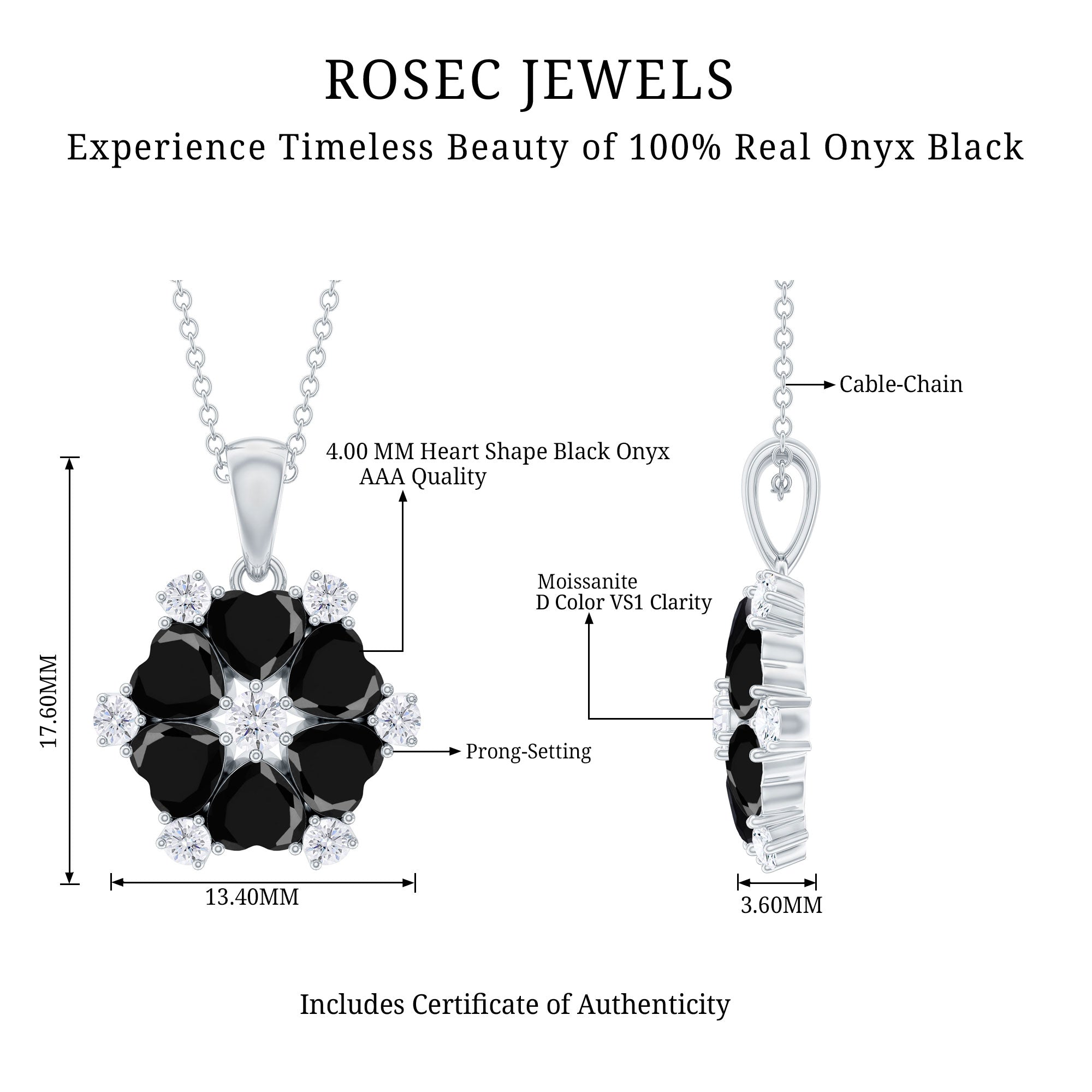Heart Shaped Black Onyx Flower Pendant with Moissanite