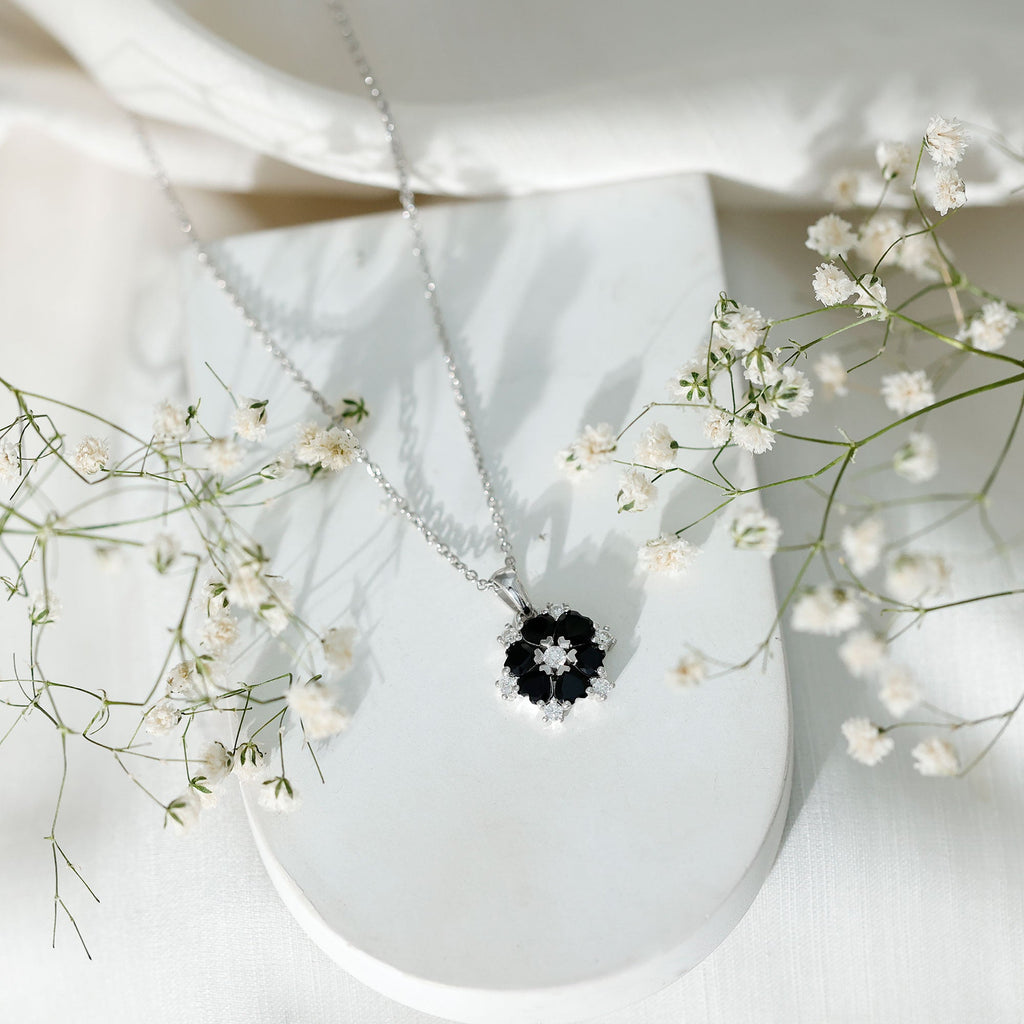 Heart Shaped Black Onyx Flower Pendant with Moissanite