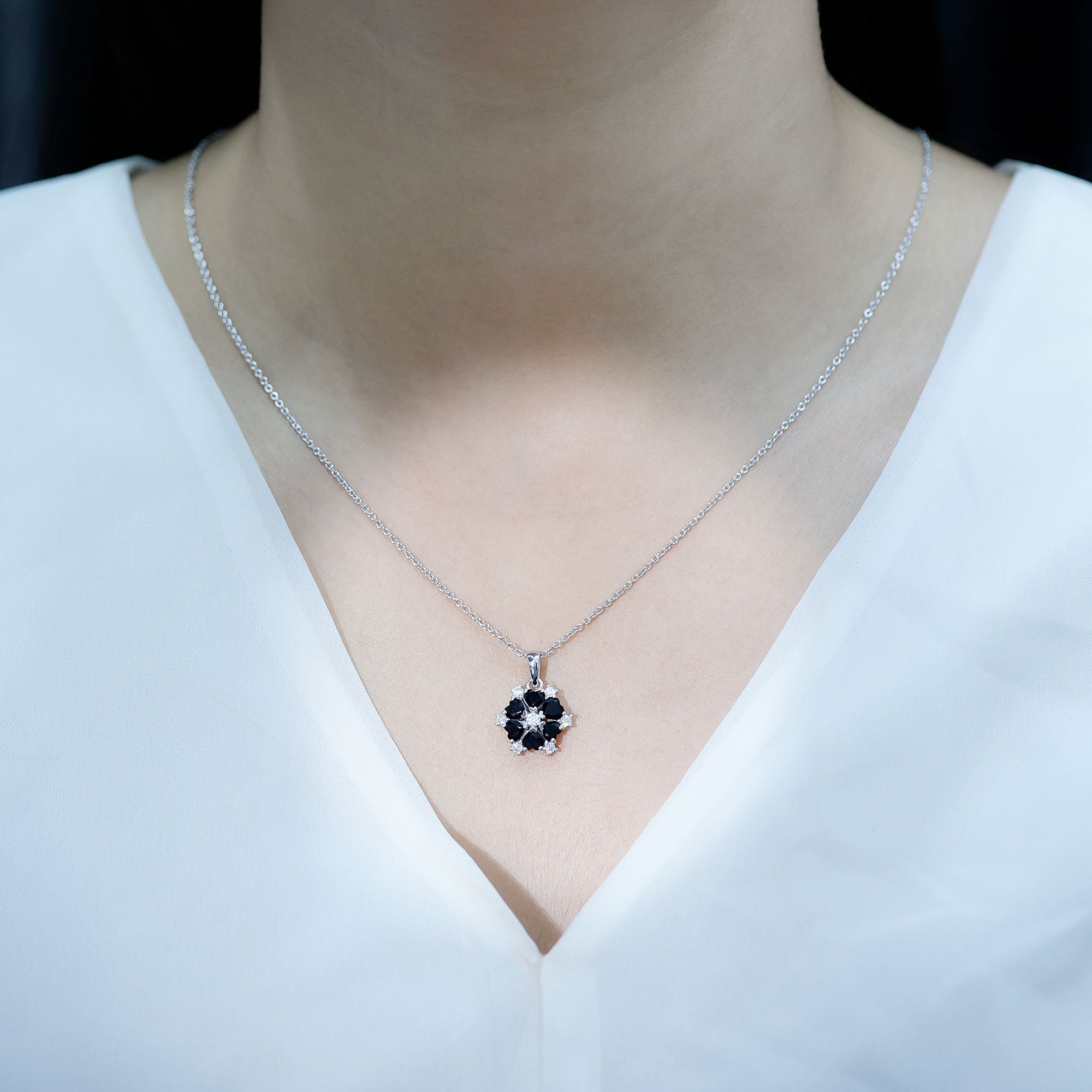 Heart Shaped Black Onyx Flower Pendant with Moissanite