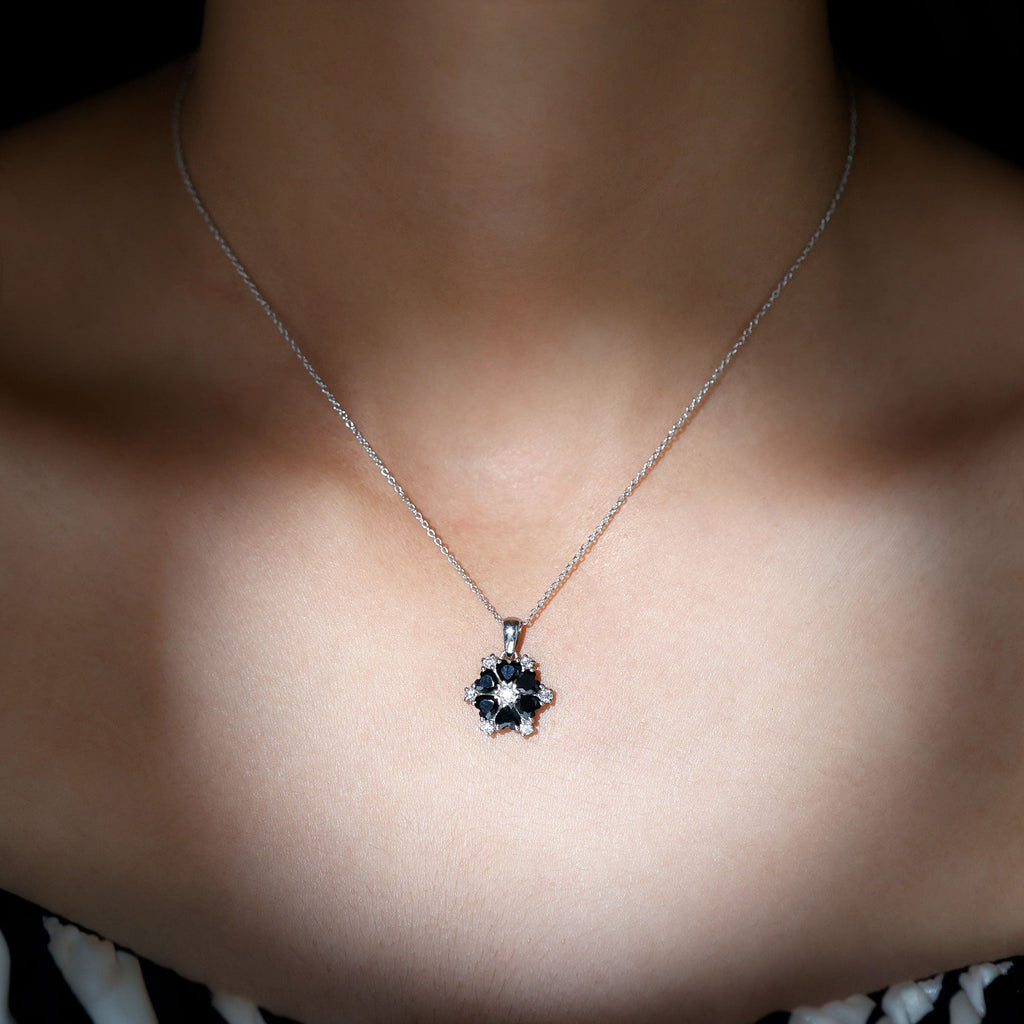 Heart Shaped Black Onyx Flower Pendant with Moissanite