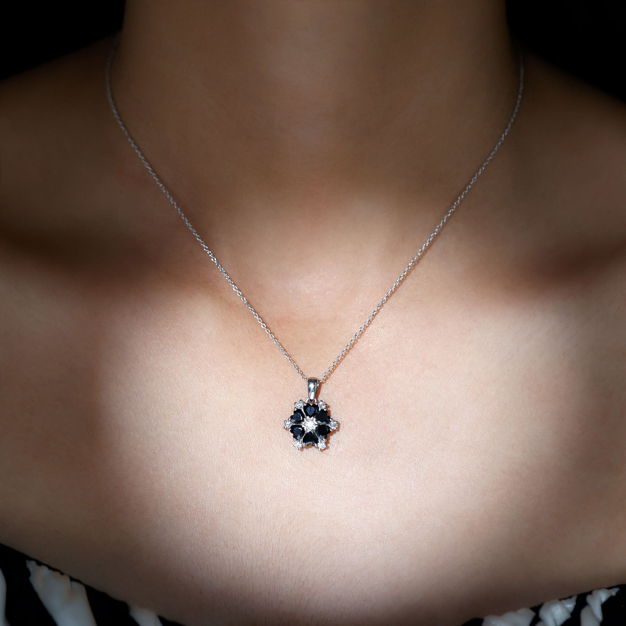 Heart Shaped Black Onyx Flower Pendant with Moissanite