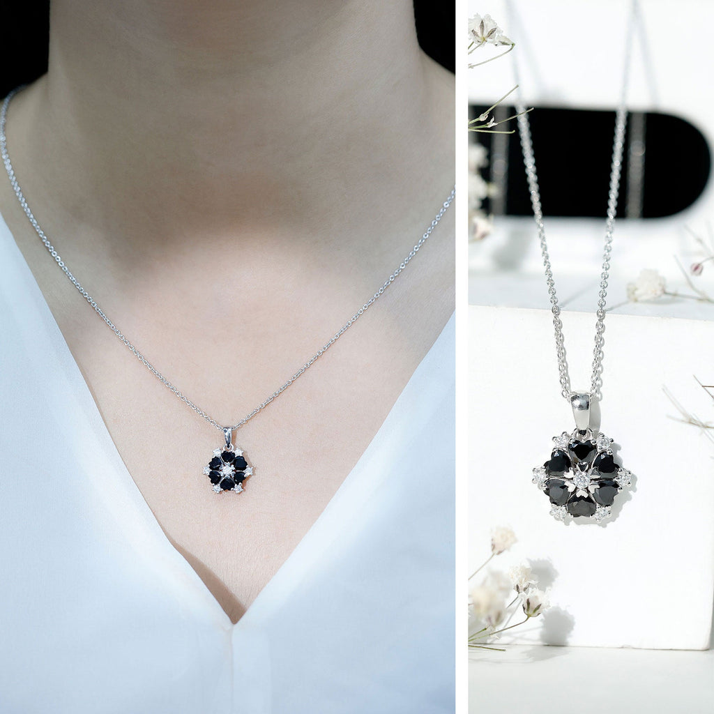Heart Shaped Black Onyx Flower Pendant with Moissanite