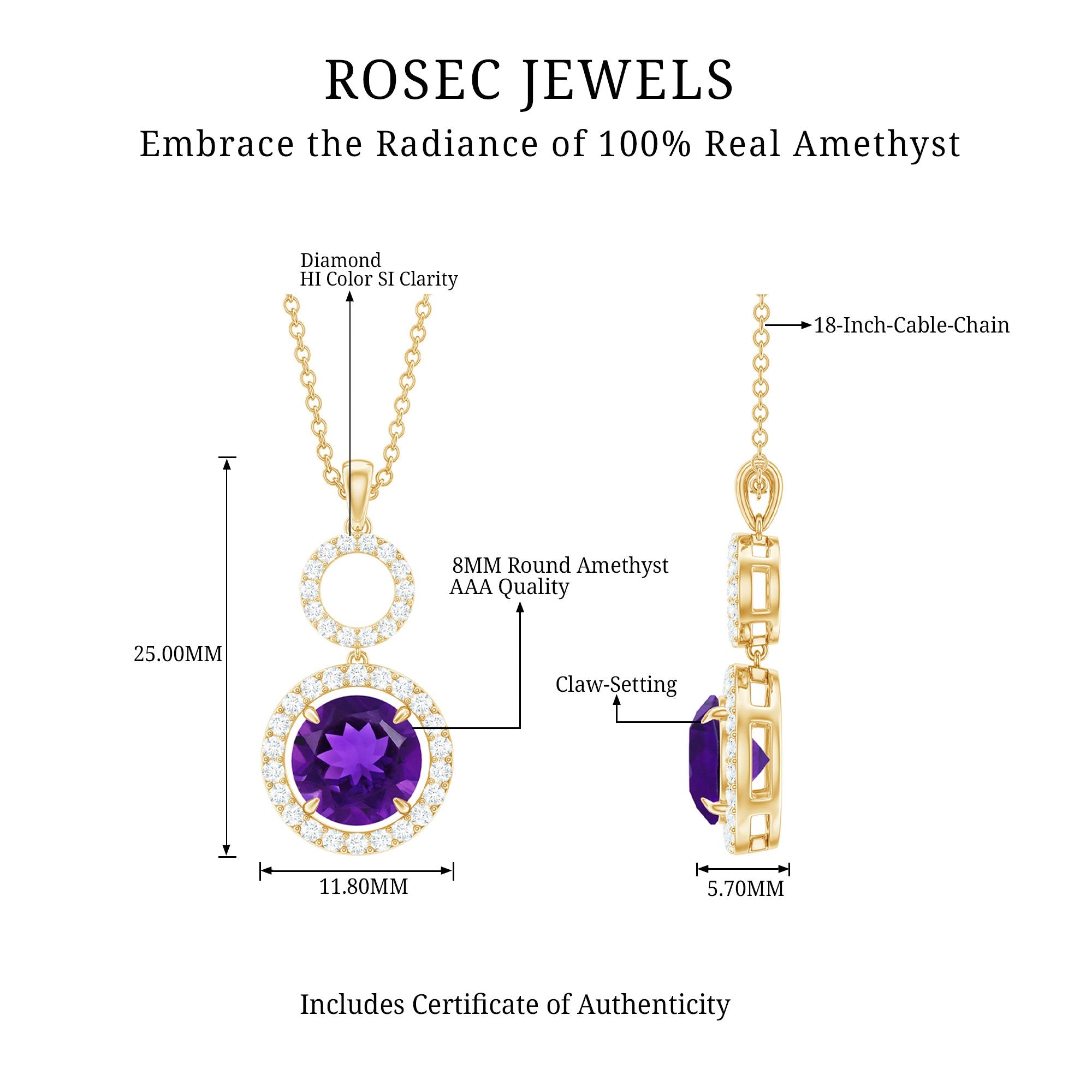 Natural 2 Carat Amethyst Pendant Necklace with Diamond